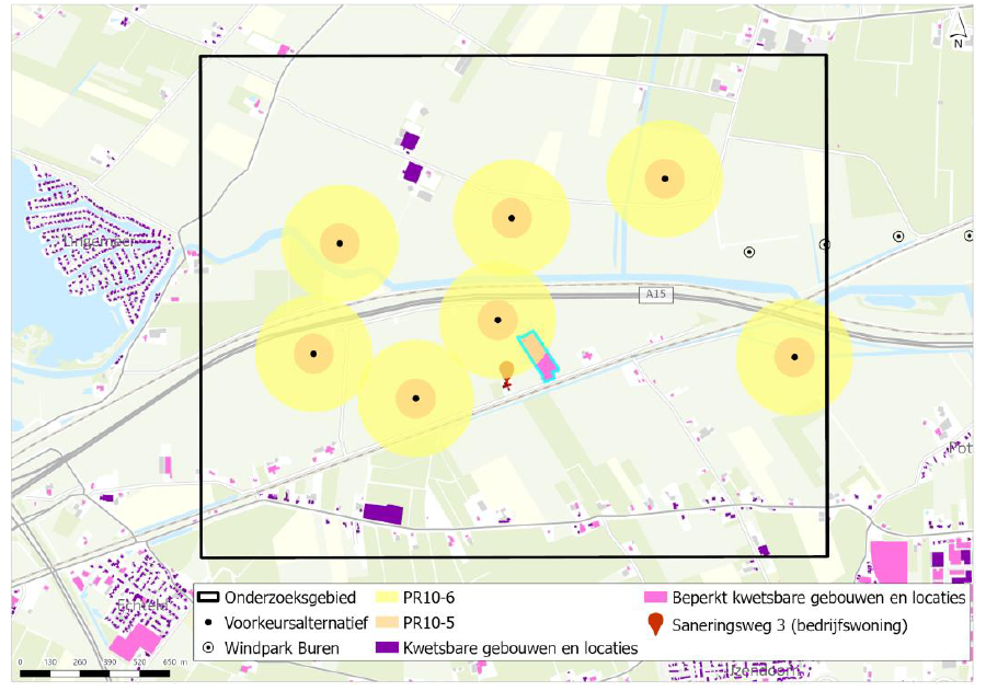 Afbeelding 5.27 (beperkt) kwetsbare gebouwen en locaties nabij windturbines (bovengrens) (blauw omlijnd is ijsclub de Hoeken)