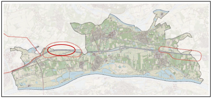 Afbeelding 4.2 Kaart zoekgebieden zon- en wind op land (rode stippellijn) aangevuld met de ligging Windpark Echteld-Lienden