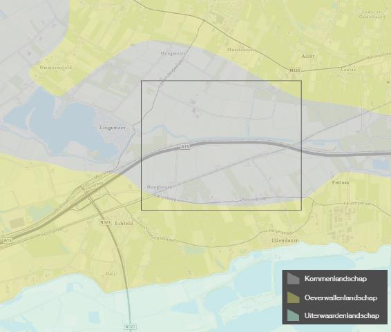 Kaart met daarop het onderzoeksgebied en landschapstypen. Ten uiterste noordoosten is een Oeverwallenlandschap, evenals de meest zuidelijke grend van het onderzoeksgebied. De rest is Kommenlandschap