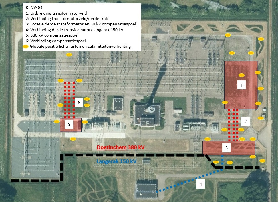 Afbeelding met de permanente maatregelen die met dit project getroffen worden. De afbeelding laat een luchtfoto zien van het hoogspanningsstation met daarop aangegeven waar de nieuwe onderdelen komen.