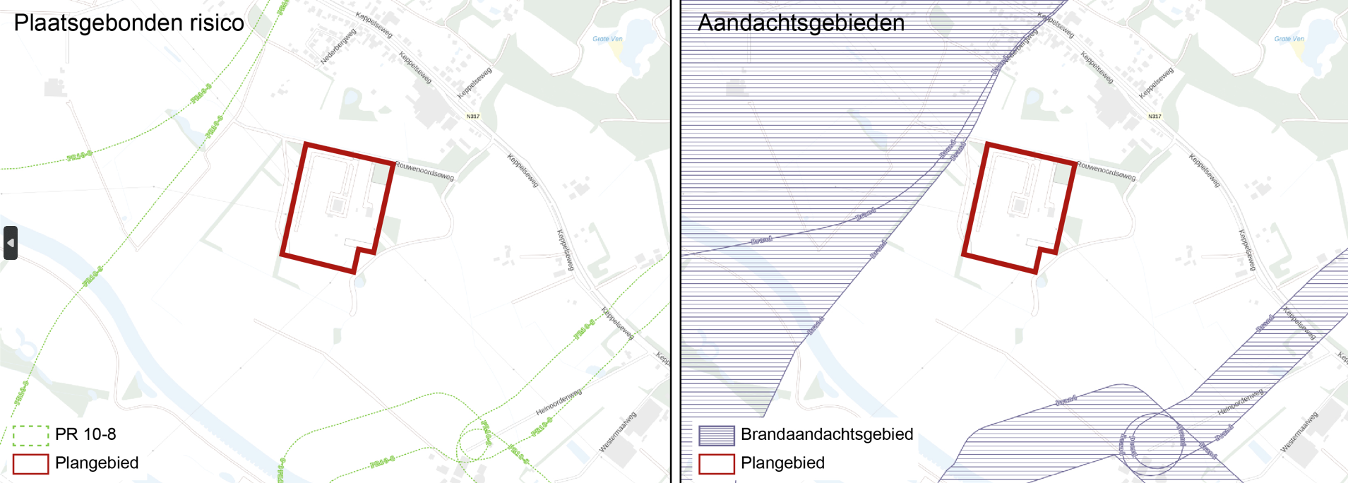 kaart met aanduiding van plaatsgebonden risico en aandachtsgebieden rondom het plangebied.
