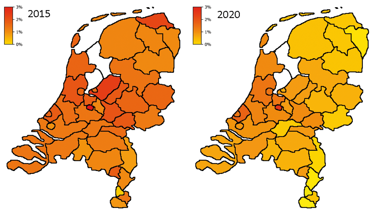 Figuur 6 Vacaturedruk VO 2015 en 2020 naar RPA- regio, met G4 apart aangegeven