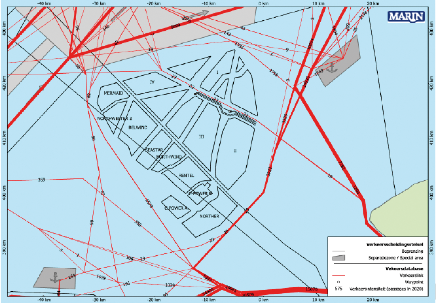 Figuur 5 Scheepsbewegingen in en rond het windenergiegebied Borssele