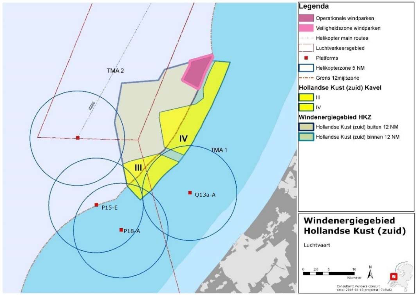 Figuur 5 Ligging van de platforms en de 5 NM helikopter zones rondom windenergiegebied Hollandse Kust (zuid)