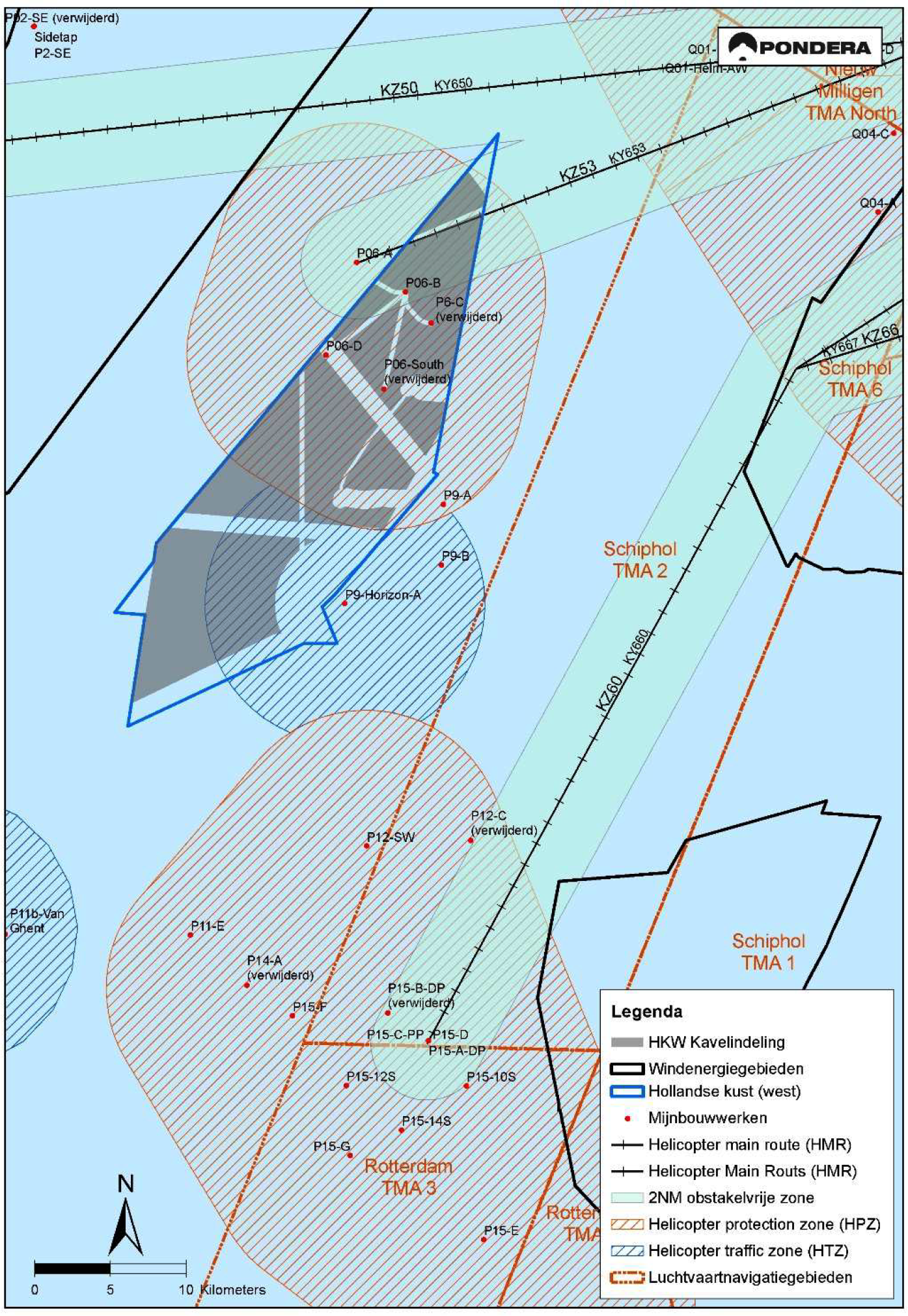 Figuur 4: Ligging van de platforms, de 5 NM-helikopterzones en de HMR’s rondom windenergiegebied Hollandse Kust (west). Behalve kavel VII zijn in de figuur ook de voorgestelde kavel VI en het verkavelingsalternatief voor kavel VI weergegeven.