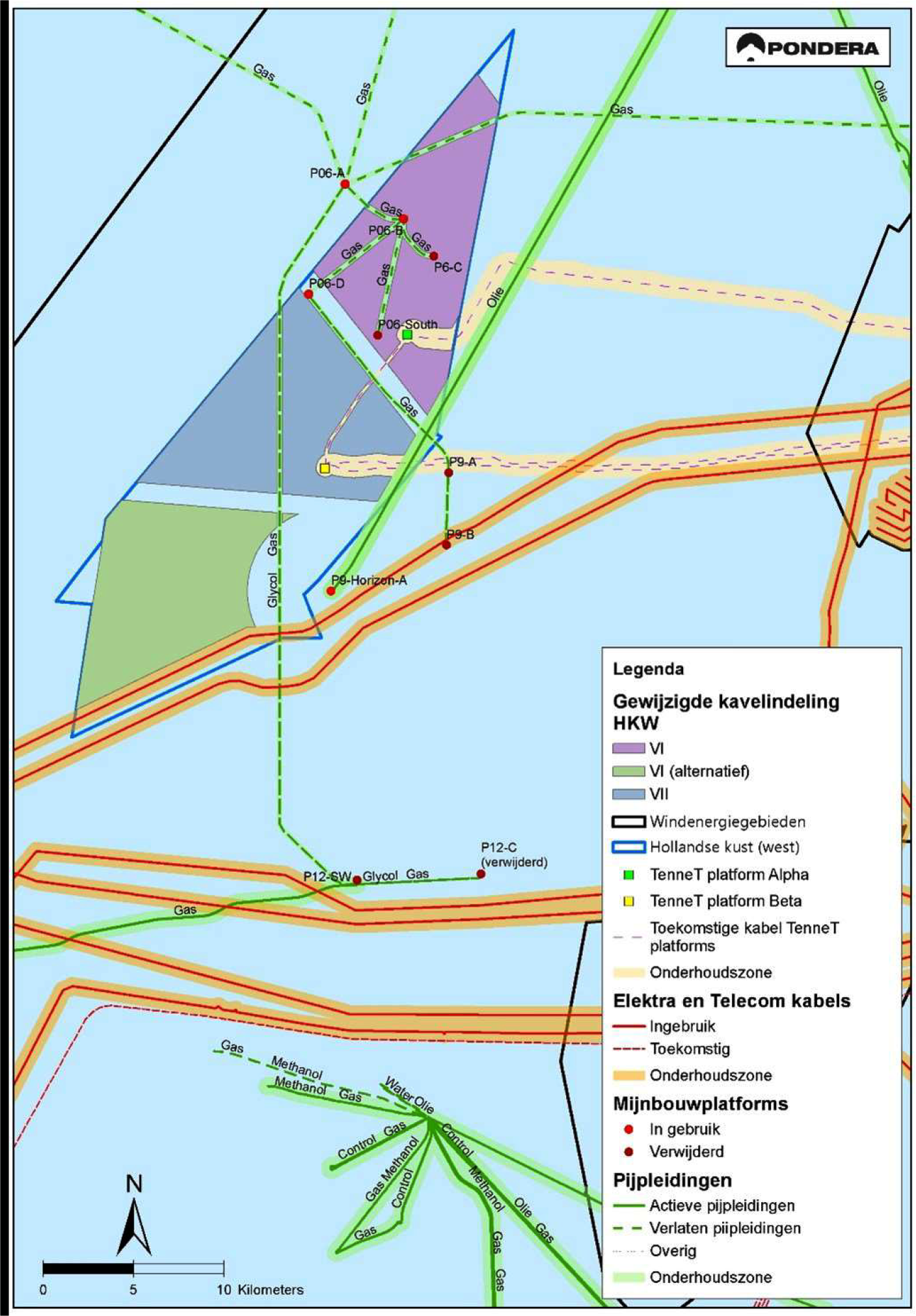 Figuur 6: Schematisch overzicht kabels- en leidingen in het gebied Hollandse Kust (west). Behalve kavel VII zijn in de figuur ook de voorgestelde kavel VI en het verkavelingsalternatief voor kavel VI weergegeven.