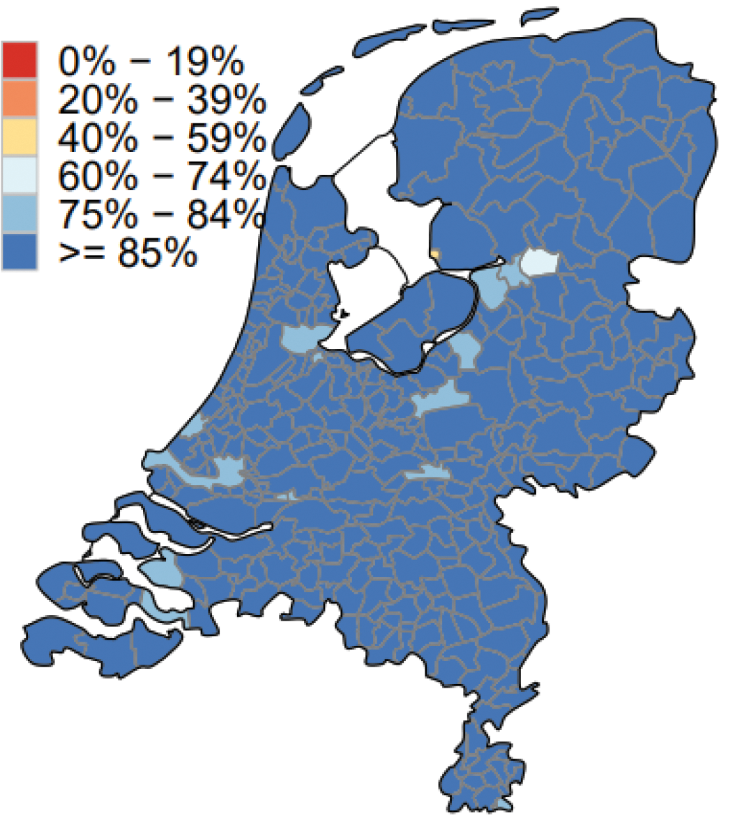 Figuur 5. Opkomst voor ten minste één COVID-19-vaccinatie bij mensen van 65 jaar en ouder, naar gemeente, week 1 t/m 23, 2021. Voetnoten: zie Wekelijkse update deelname COVID-19 vaccinatie in Nederland | RIVM.