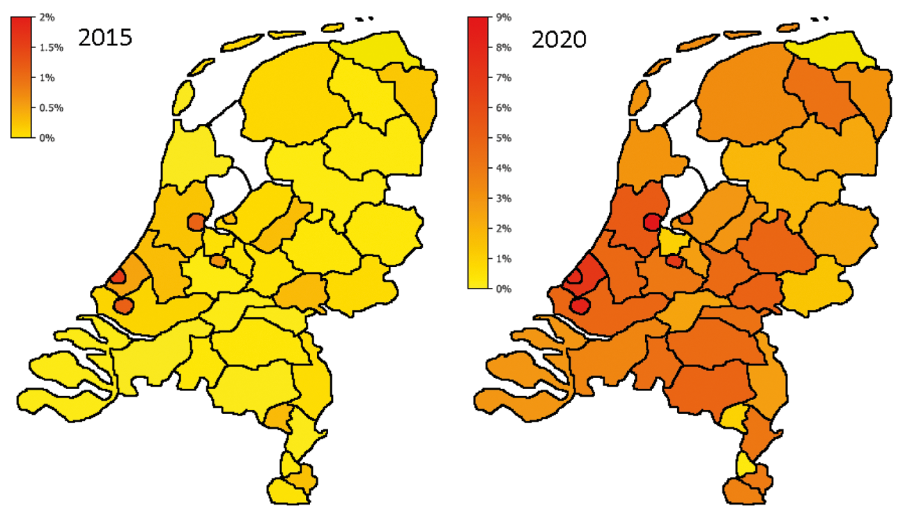 Figuur 3 Vacaturedruk PO 2015 en 2020 naar regio: RPA-gebieden, met G4 apart aangegeven