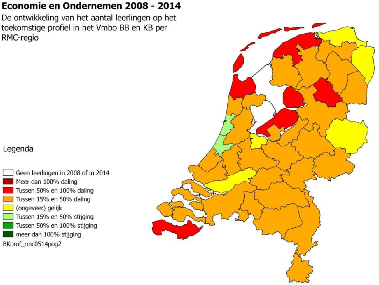 Kaart 2: leerlingendaling profiel Economie en ondernemen 2008–2014