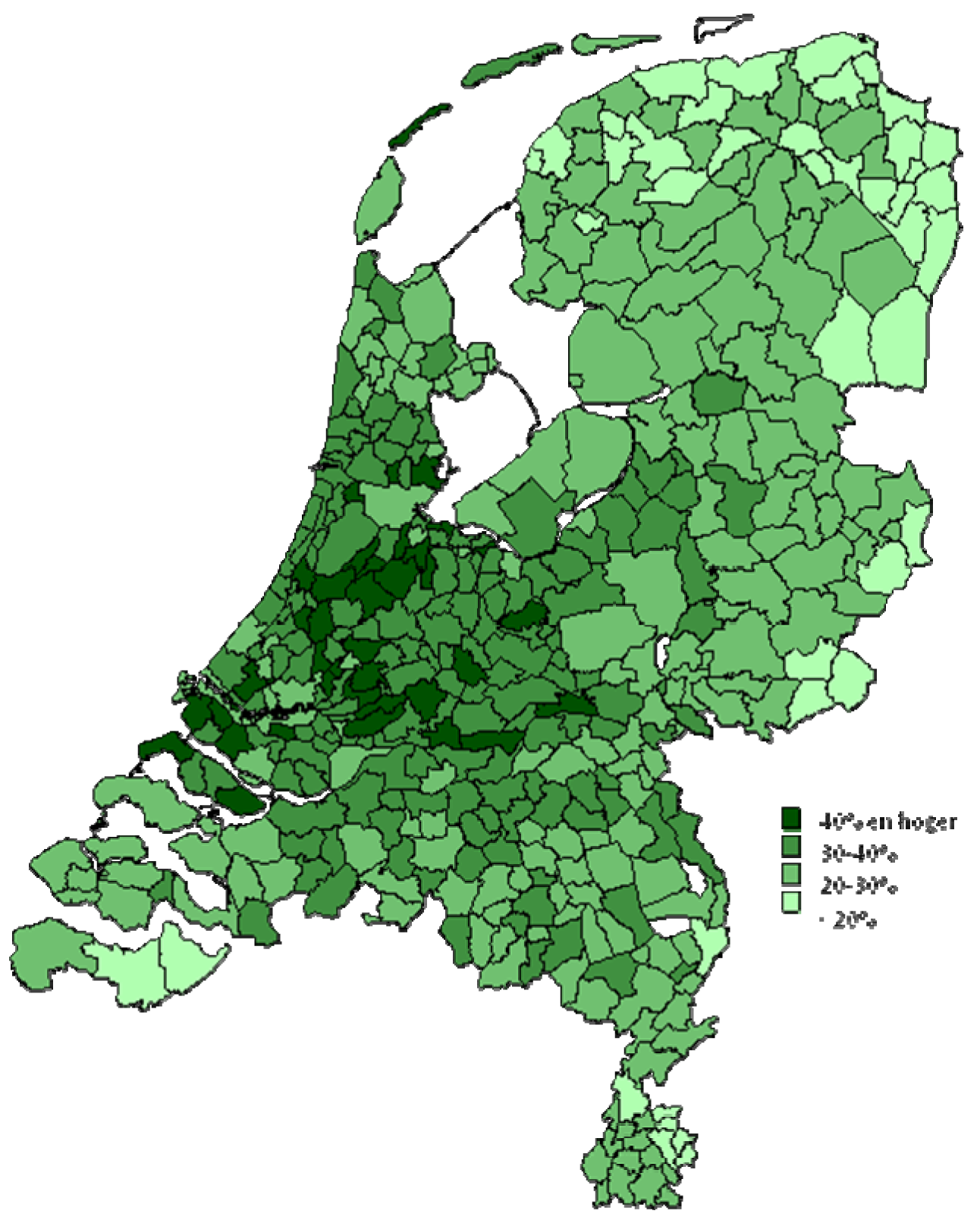 Figuur 1. Aandeel huishoudens met inkomen boven € 33 614 in de corporatiesector in 2008