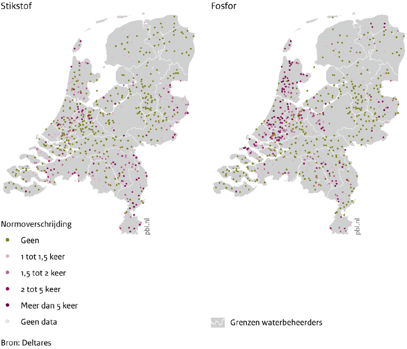 Figuur 2. Normoverschrijding van de waterschapsnormen voor stikstof- en fosforconcentraties in oppervlaktewater in toetsjaar 2019 (Bron: Nationale Analyse Waterkwaliteit, 2020).