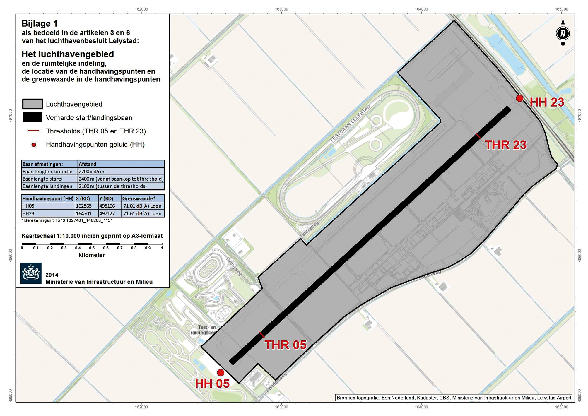 Kaart (schaal 1:10.000) met de aanduiding van het luchthavengebied en de ruimtelijke indeling, de locatie van de handhavingspunten en de grenswaarde in de handhavingspunten