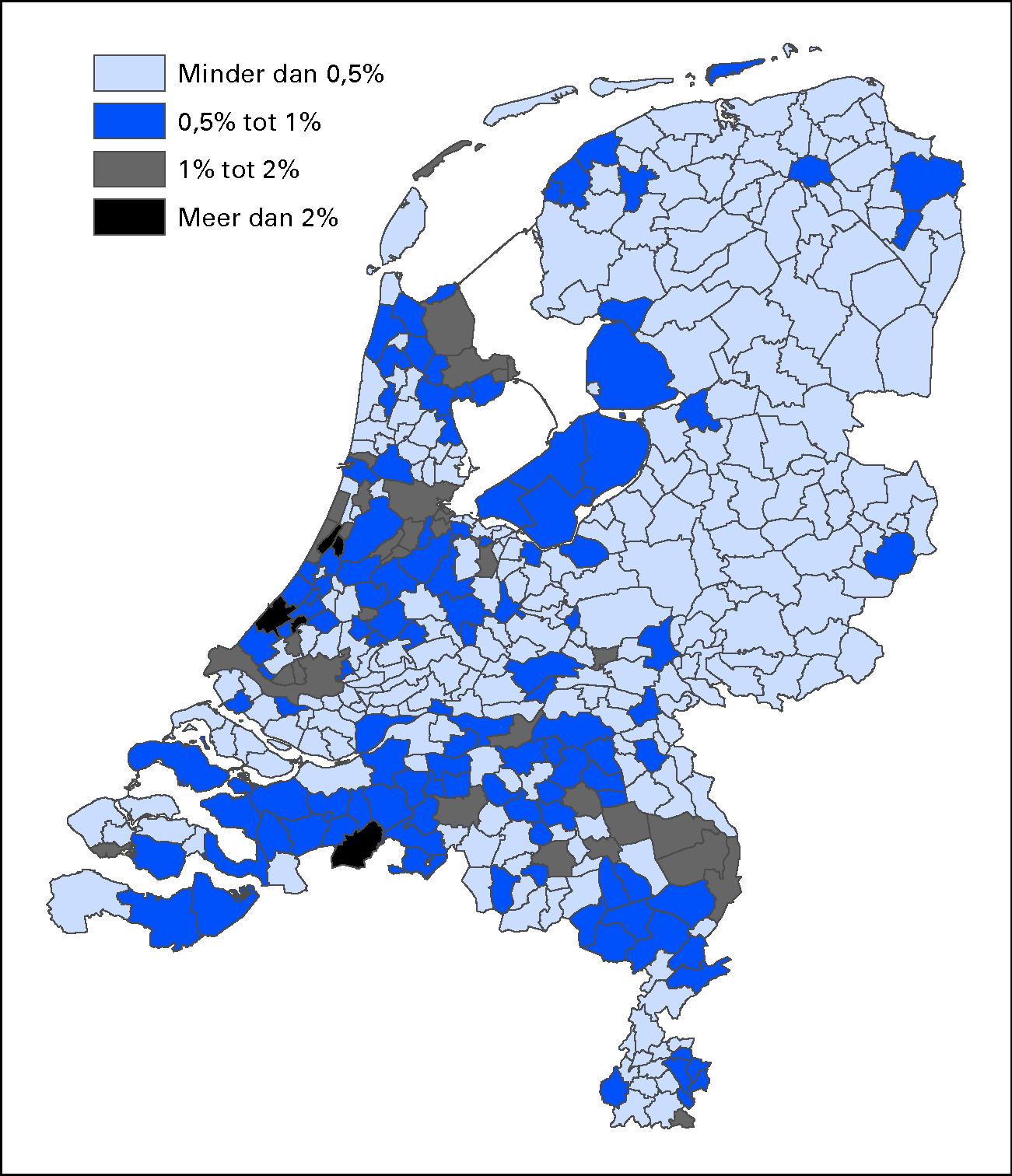 Figuur 2 Aandeel eerste generatie Midden- en Oost-Europeanen per gemeente, 1 januari 2011