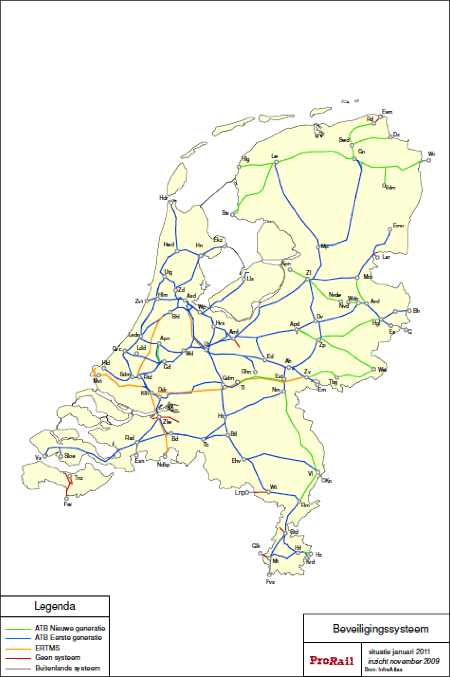 Figuur 19 Geïnstalleerde sein- en treinbeïnvloedingssystemen, ATB lijnen zijn met het NS’54 seinstelsel (bron: Netwerkverklaring 2011)