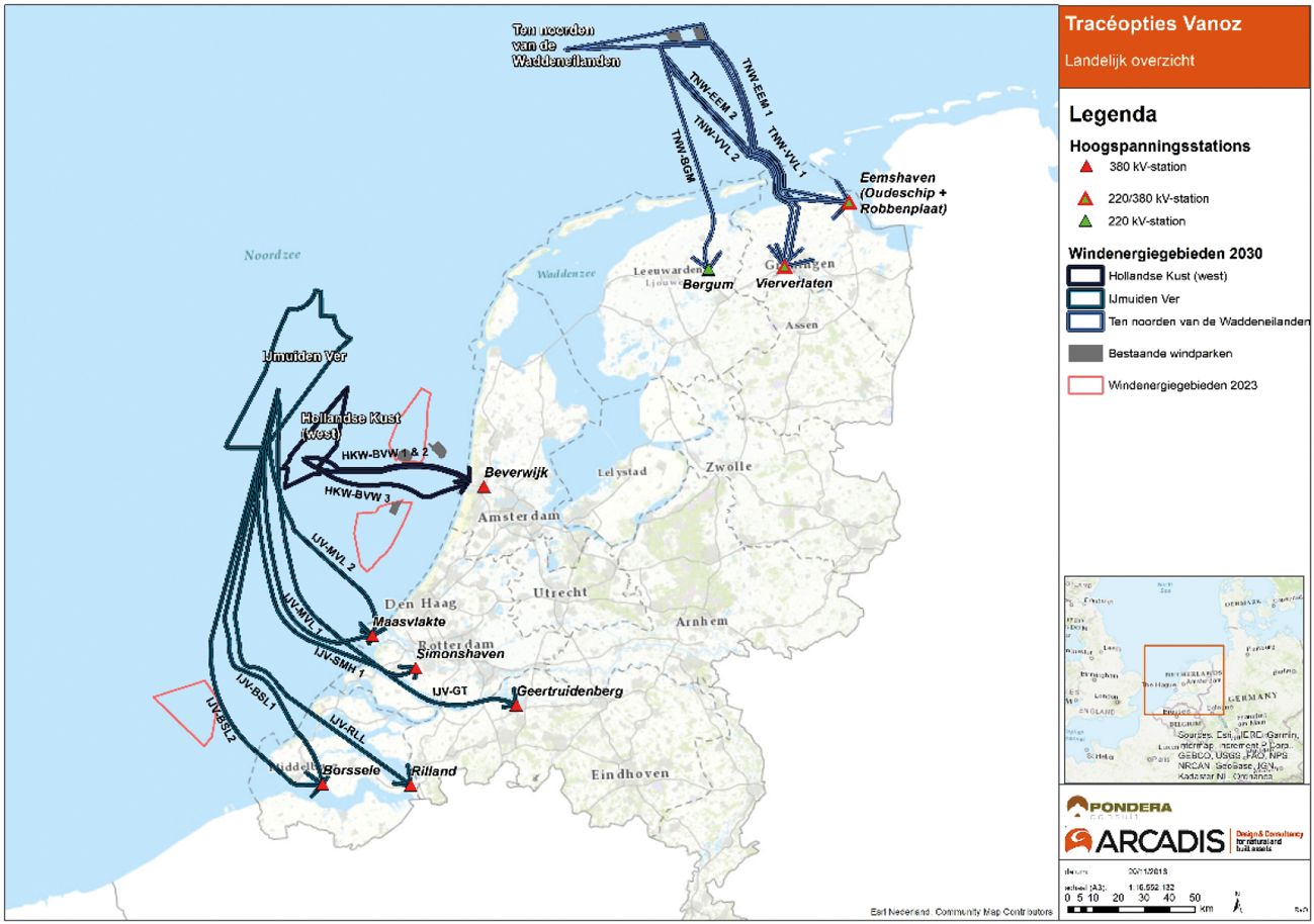 Figuur 1 Overzicht van nader te onderzoeken indicatieve tracés en aansluitstations