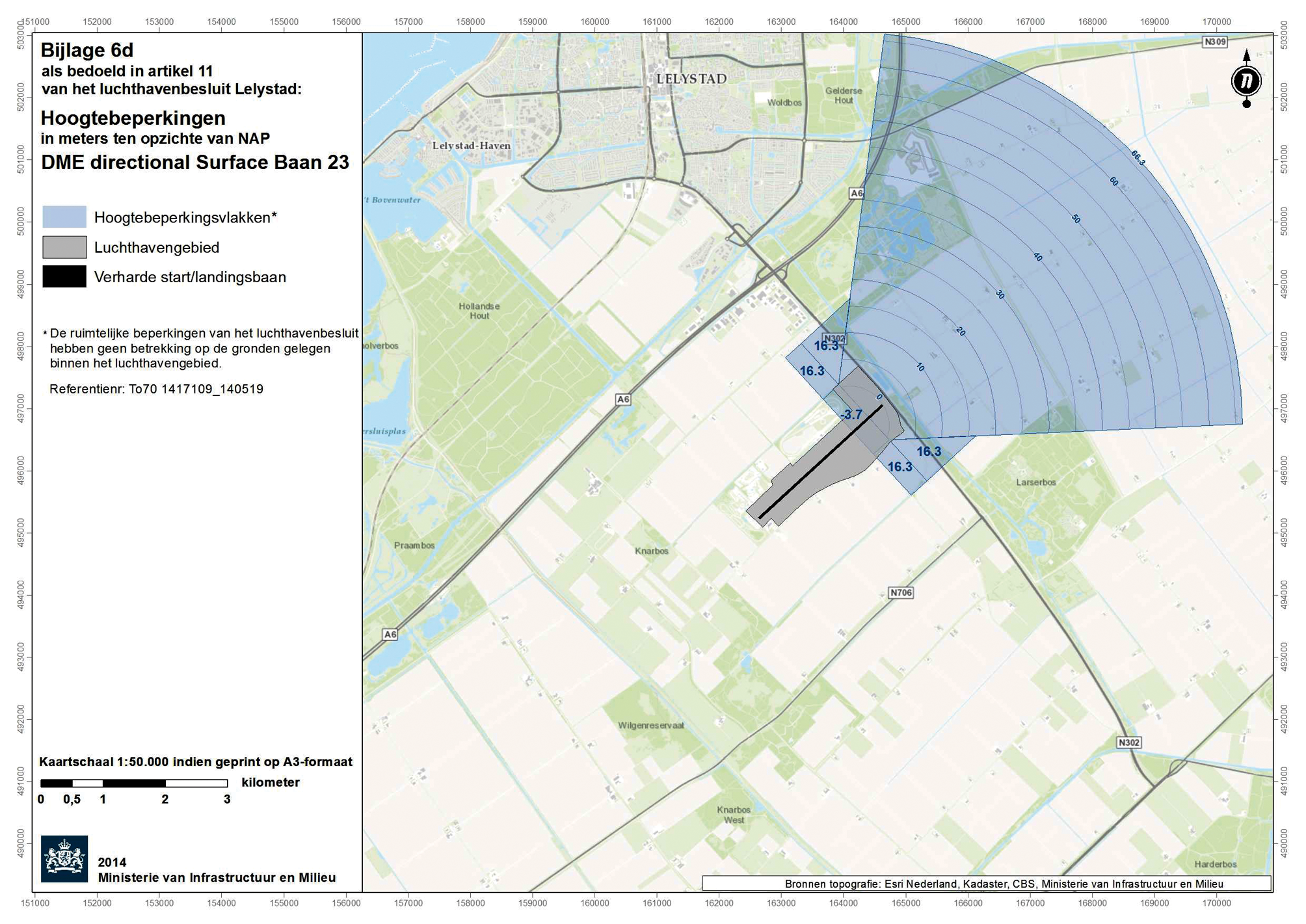 Kaart (1:50.000) met hoogtebeperkingen: DME directional Surface baan 23