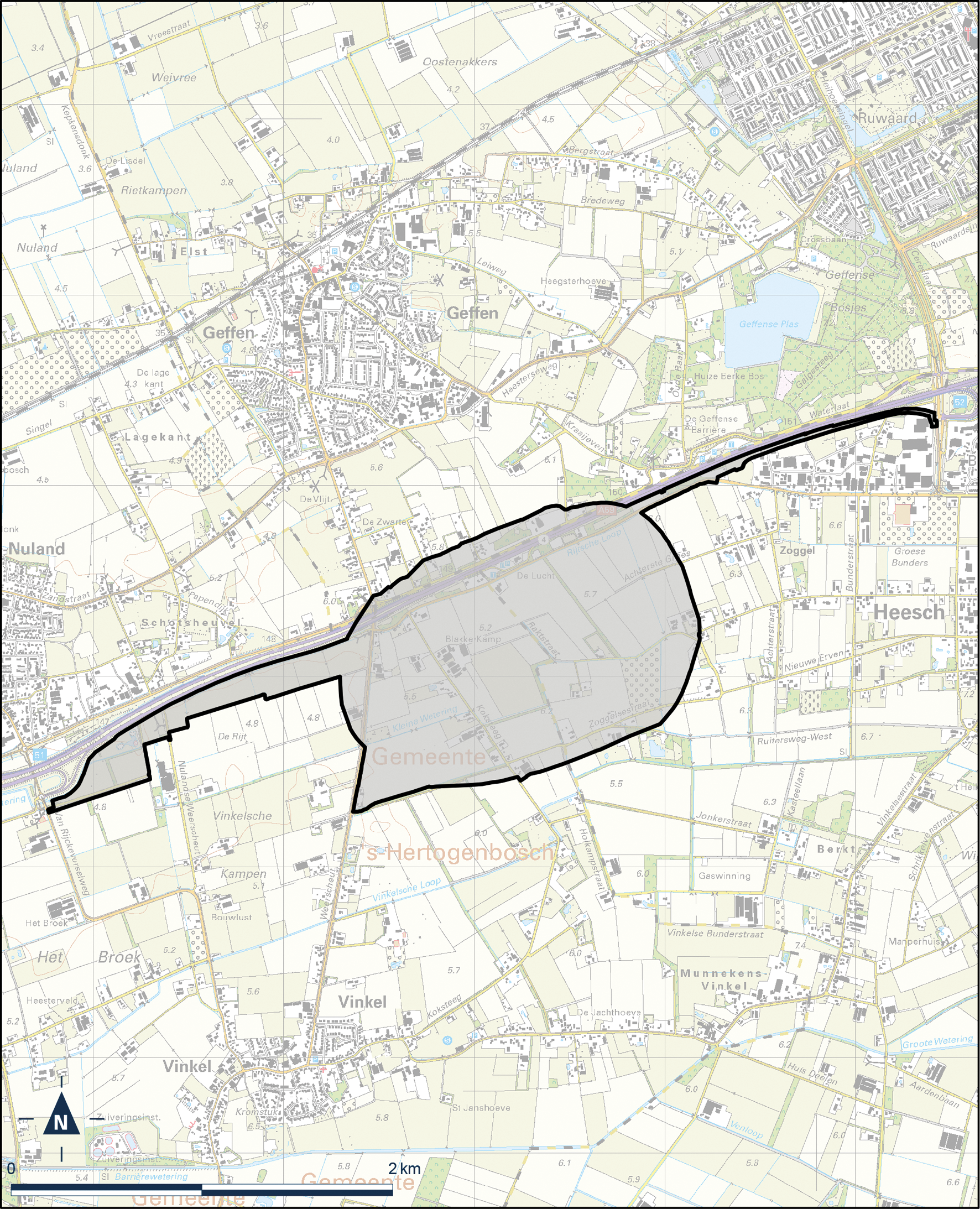 Kaart Bernheze, ’s-Hertogenbosch en Oss, Heesch West