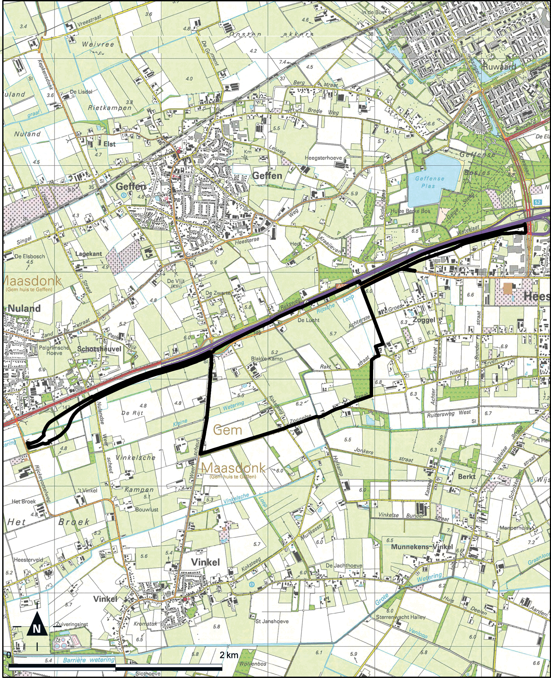 Kaart gemeenten Bernheze, `s-Hertogenbosch, Maasdonk en Oss, Bestemmingsplan bedrijventerrein Heesch-West