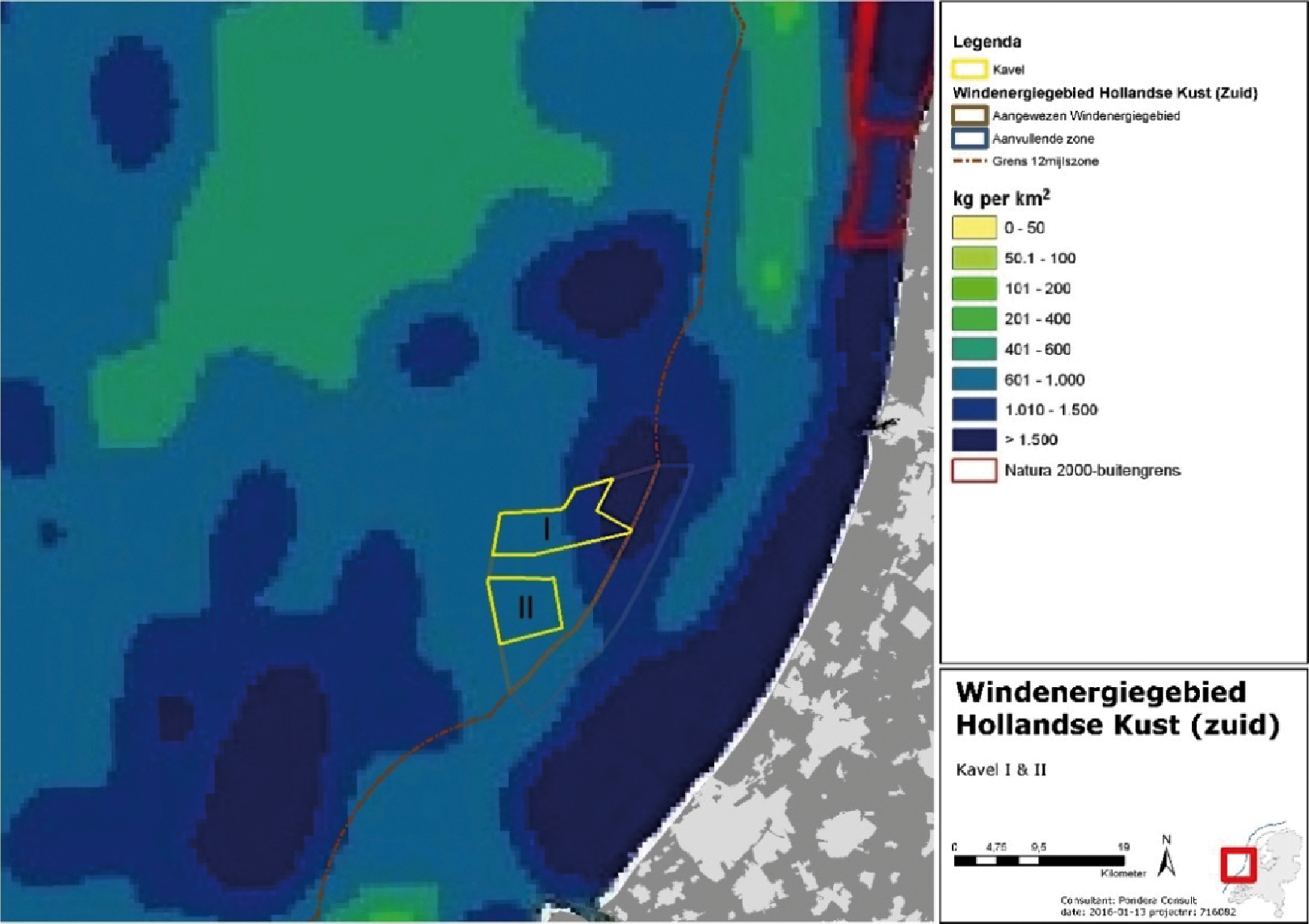 Figuur 6 Visserij vangst per km2 in de omgeving van windenergiegebied Hollandse Kust (zuid)