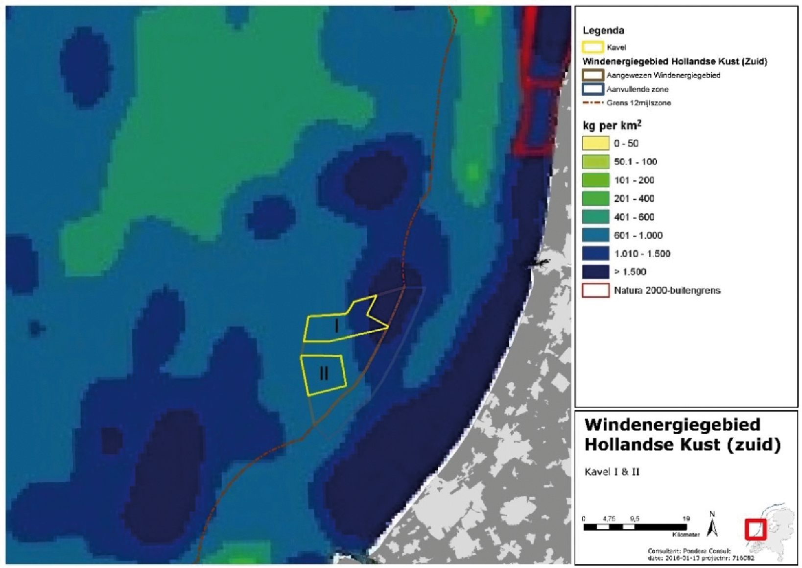 Figuur 6 Visserij vangst per km2 in de omgeving van windenergiegebied Hollandse Kust (zuid)