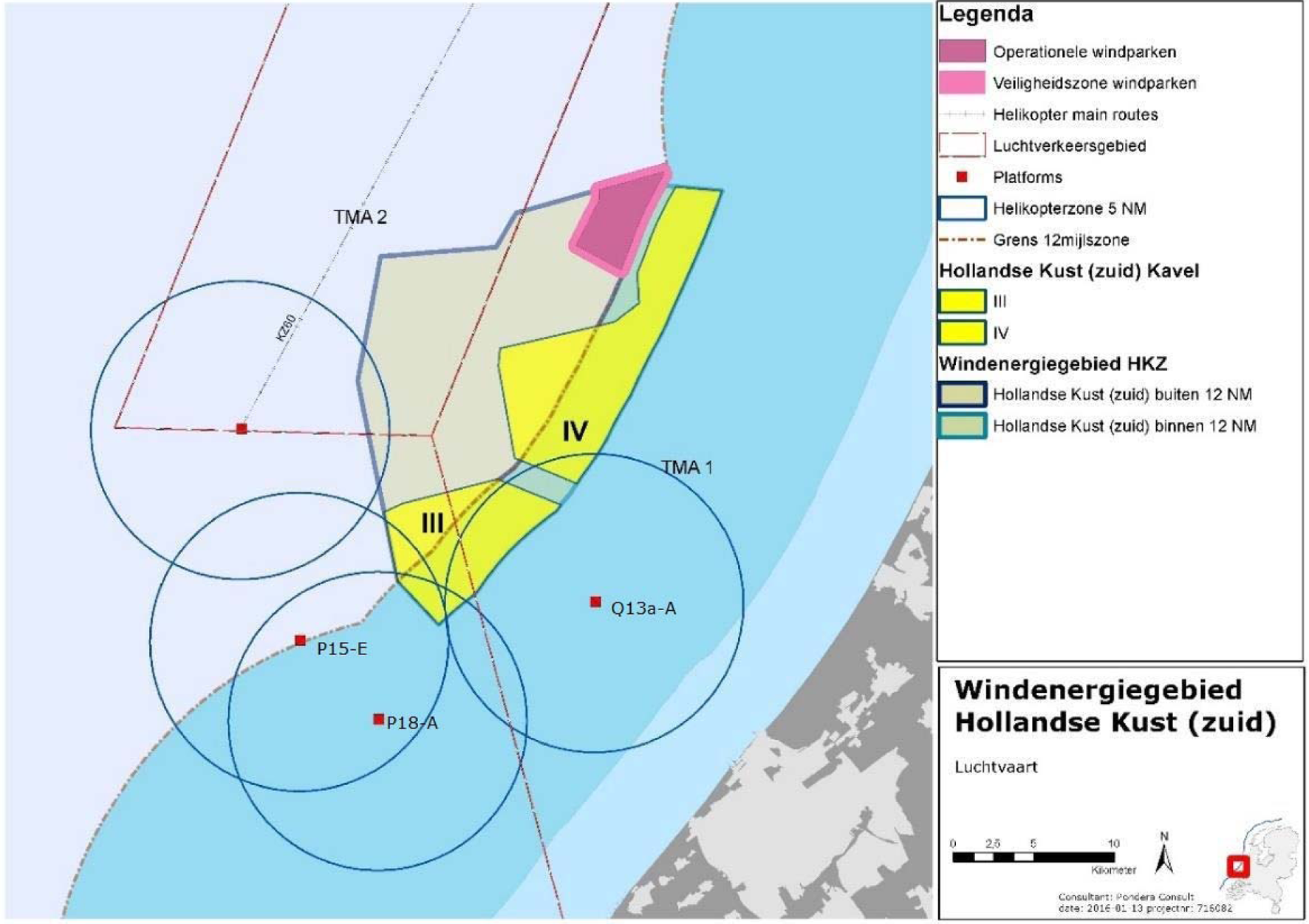 Figuur 5 Ligging van de platforms en de 5 NM helikopter zones rondom windenergiegebied Hollandse Kust (zuid)