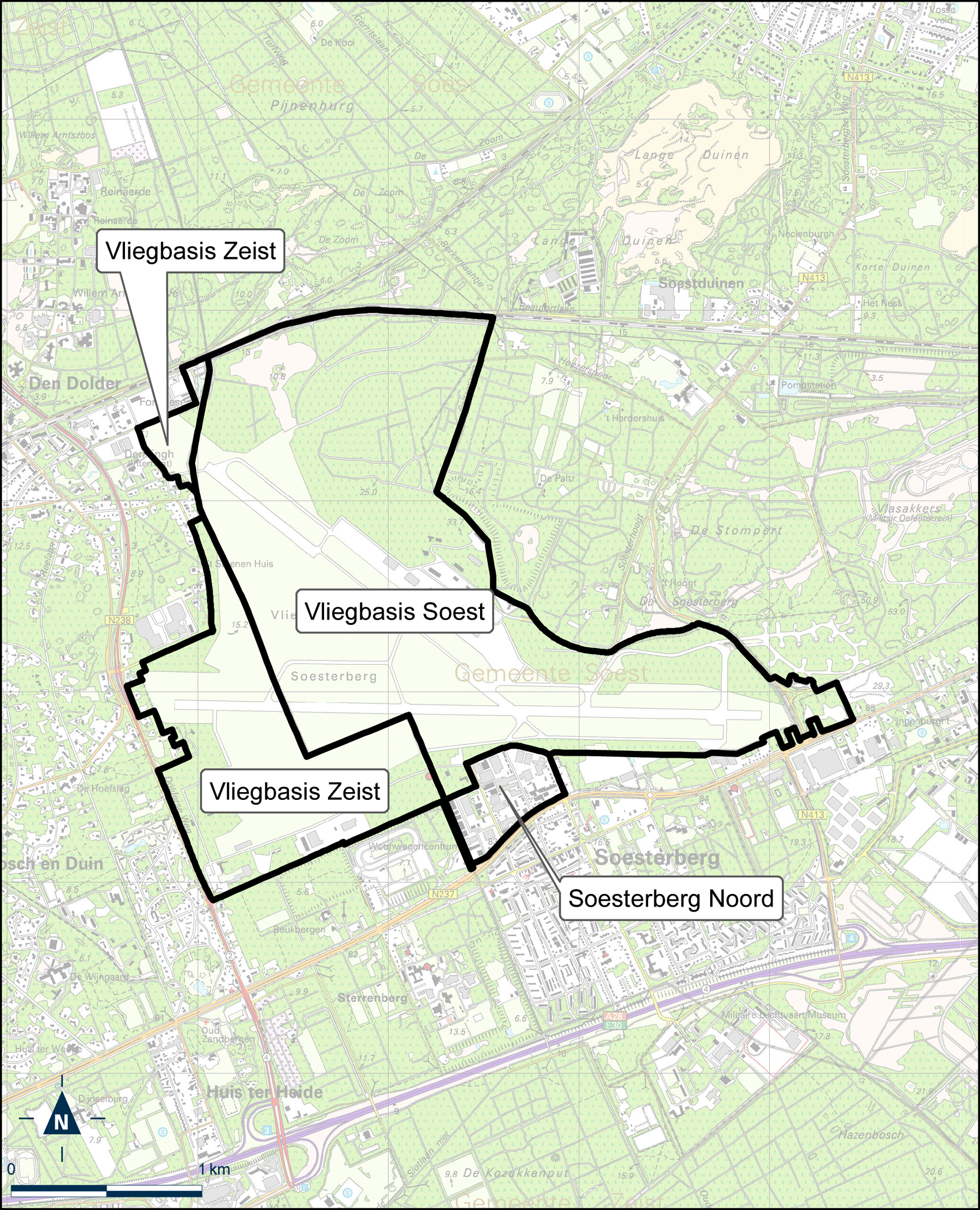 Kaart Vliegbasis Soesterberg, Vliegbasis Zeist en Soesterberg Noord