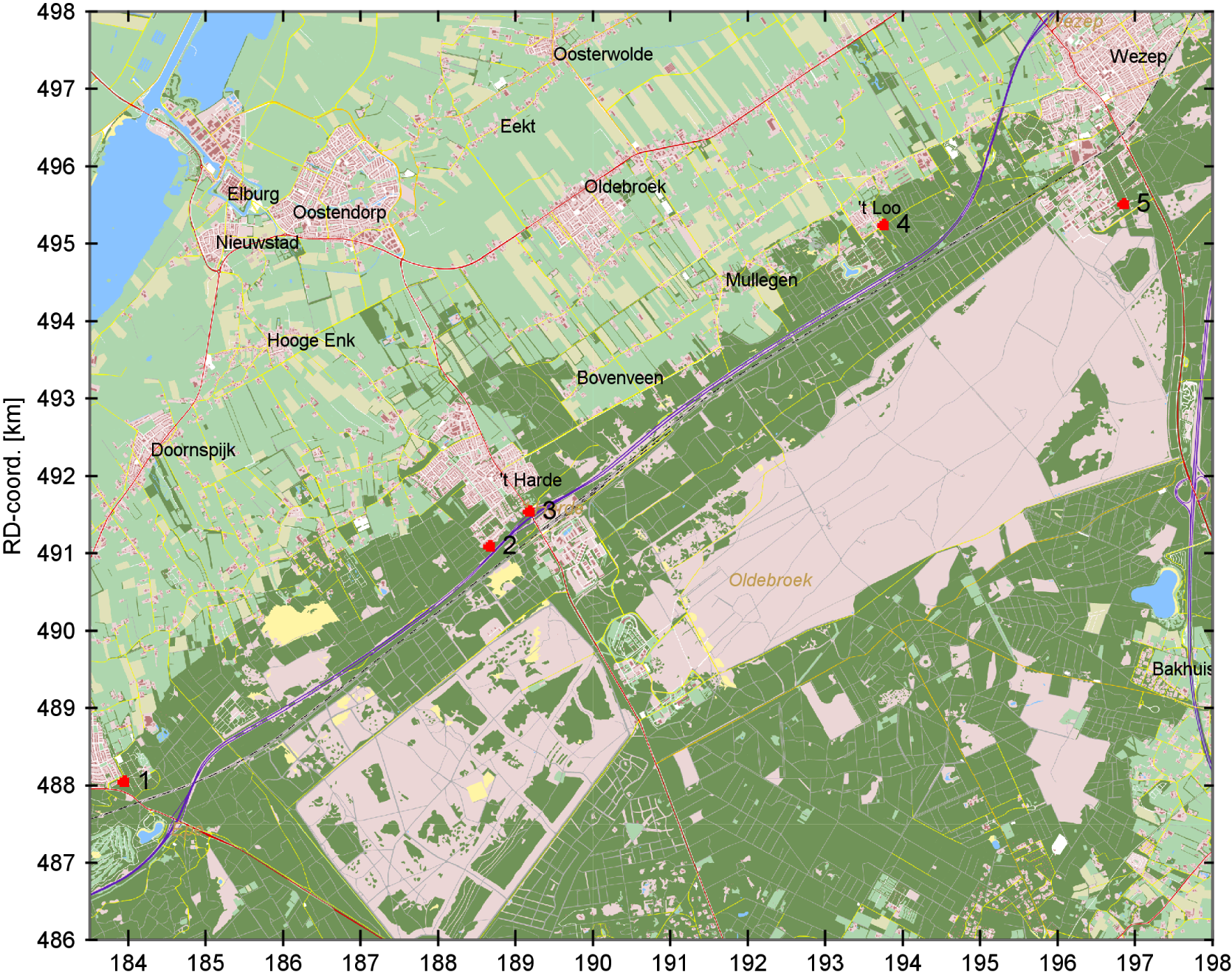 Figuur 1: Ligging van de referentiepunten rond Artillerie Schietkamp te Oldebroek