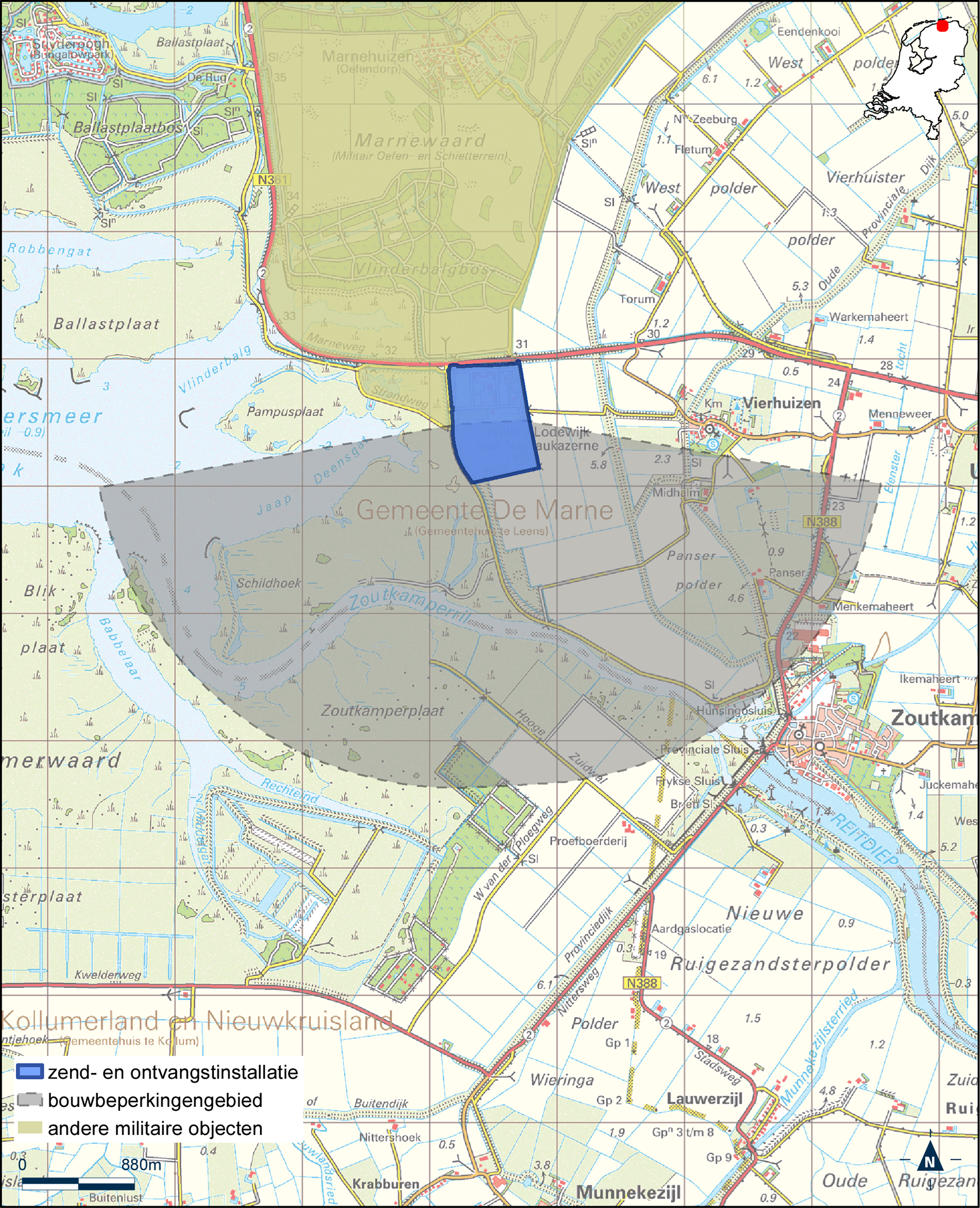Kaart zend- en ontvangstinstallatie buiten militair luchtvaartterrein Willem Lodewijk van Nassaukazerne