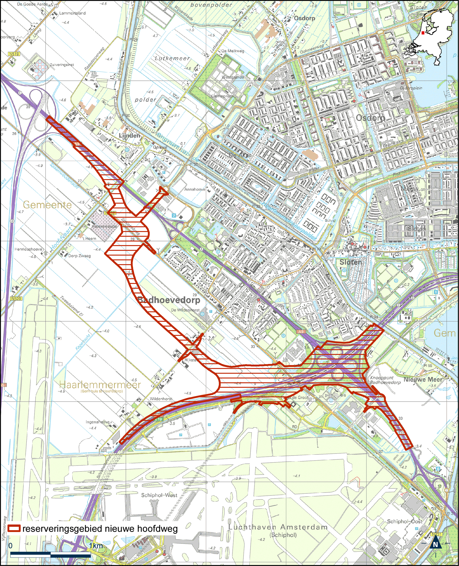 Kaart reserveringsgebied nieuwe hoofdweg – A9 Omlegging Badhoevedorp