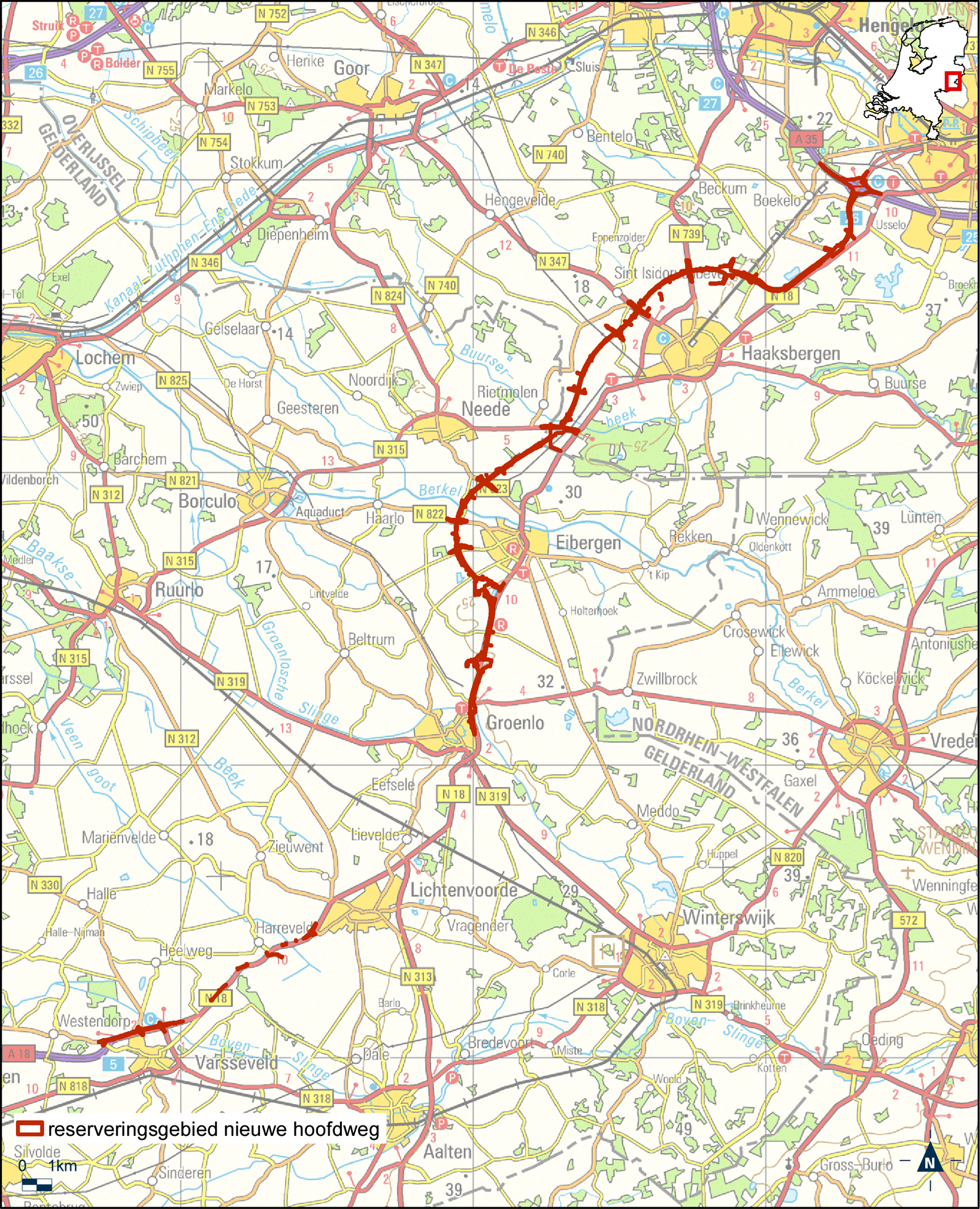 Kaart reserveringsgebied nieuwe hoofdweg – N18 Varsseveld-Enschede
