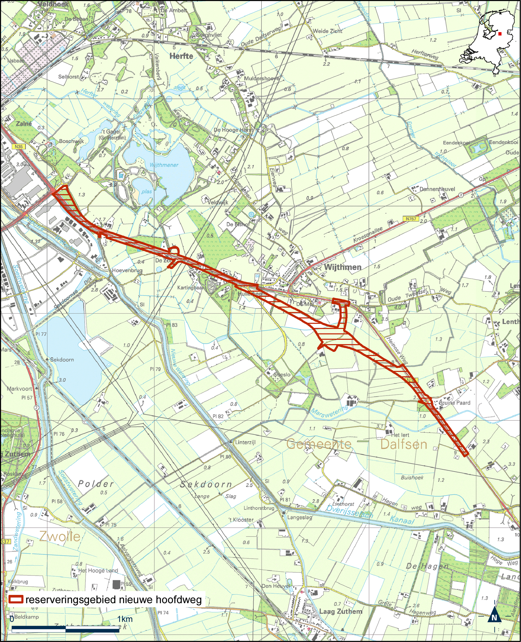 Kaart reserveringsgebied nieuwe hoofdweg – N35 Zwolle-Wijthmen