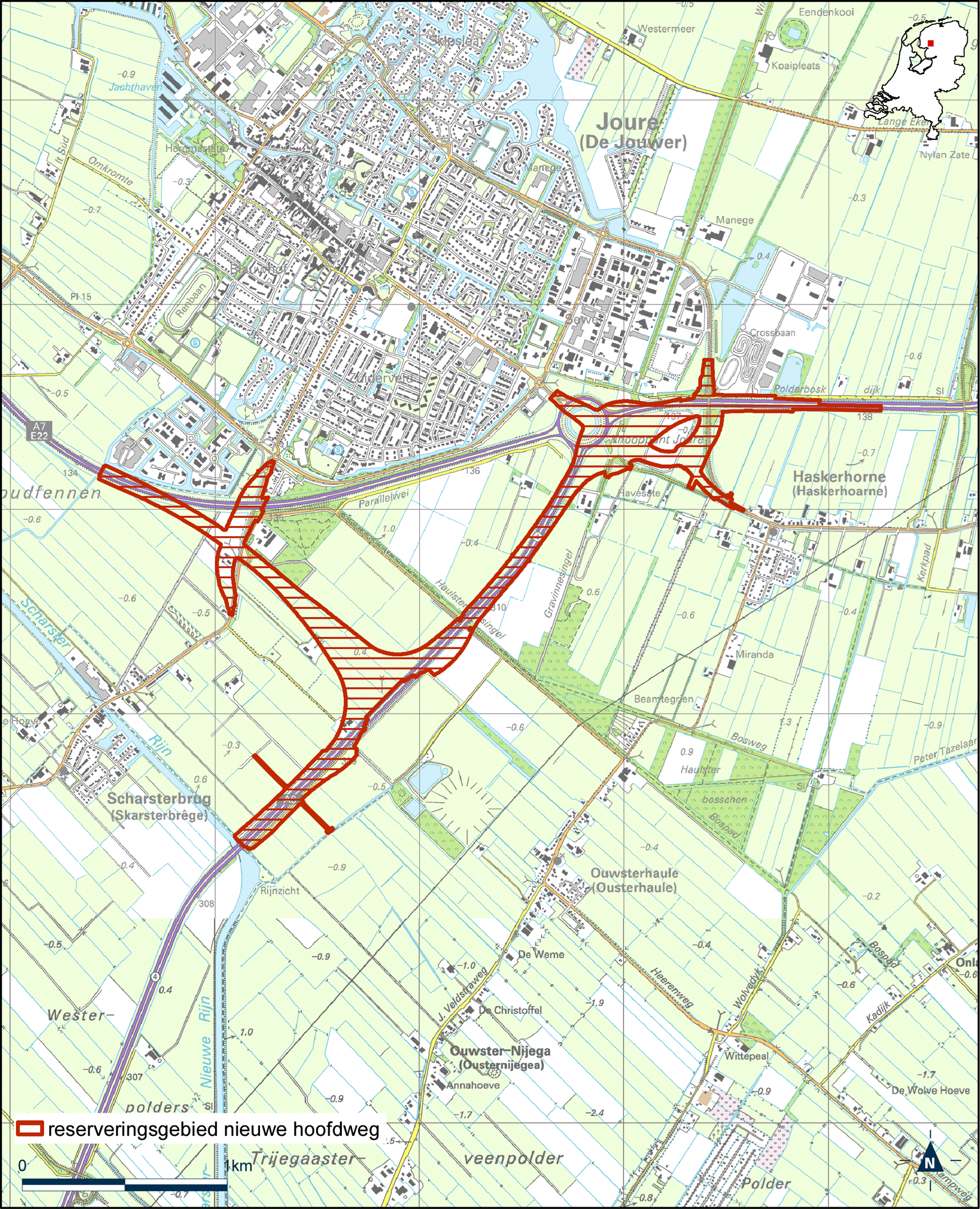 Kaart reserveringsgebied nieuwe hoofdweg – A6/A7 Knooppunt Joure
