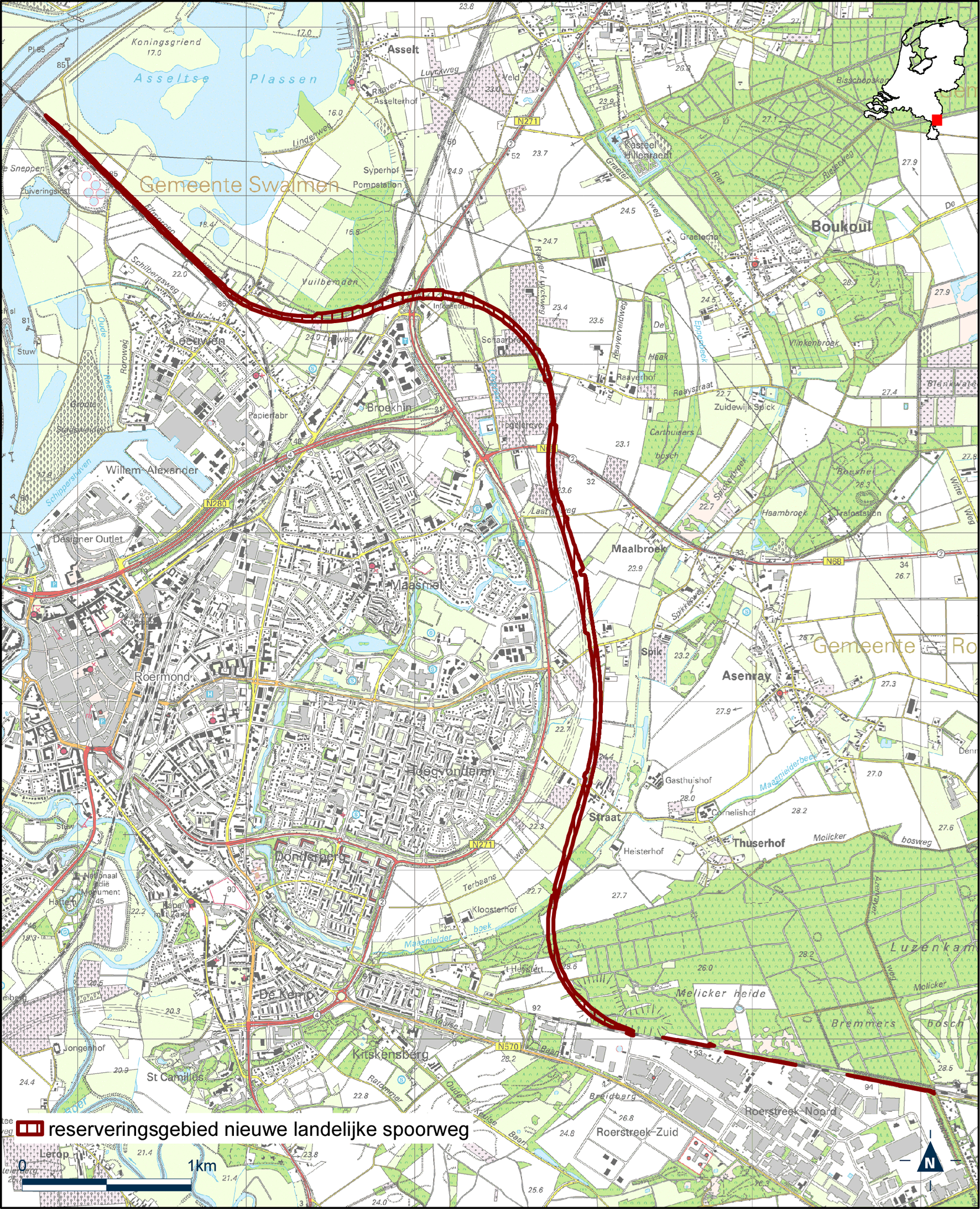 Kaart reserveringsgebied nieuwe landelijke spoorweg IJzeren rijn