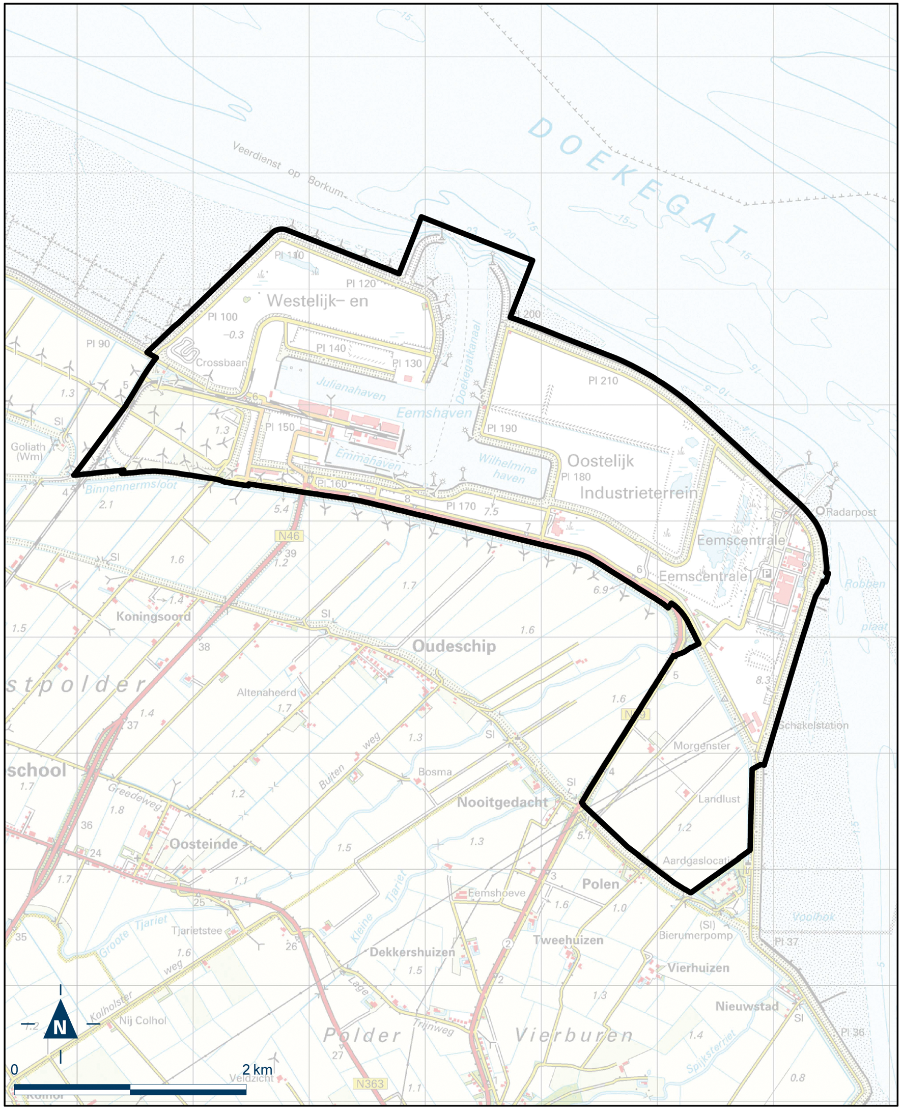 Kaart Delfzijl, Zeehaven- en industriegebieden Oosterhorn en Eemshaven