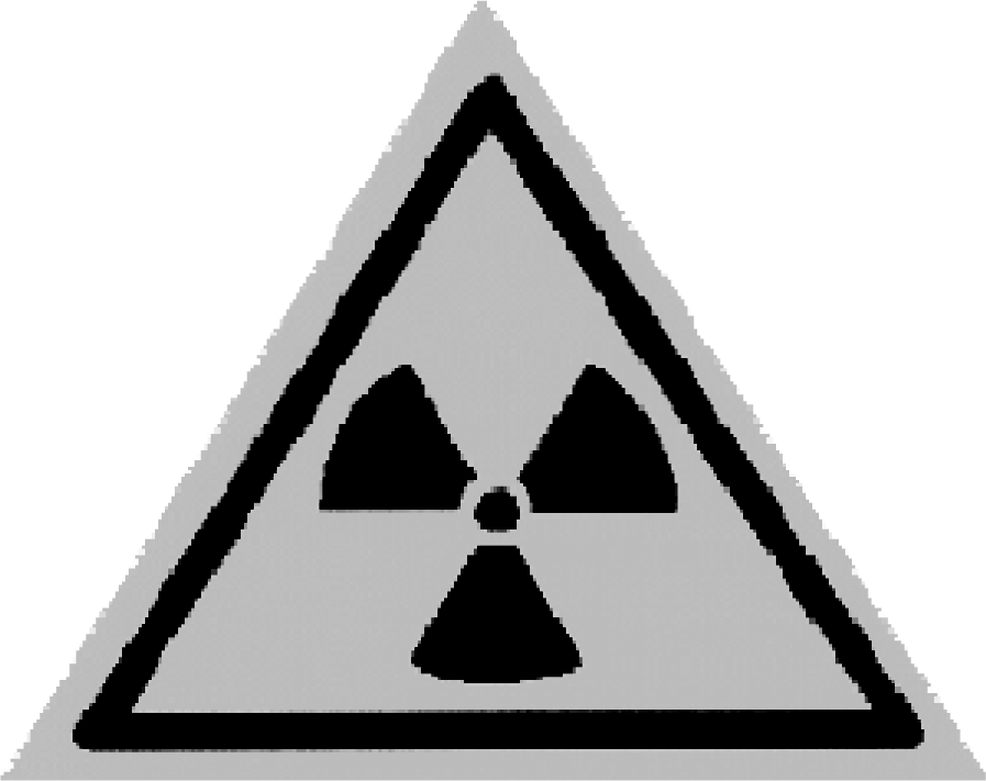 Figuur 1: Het waarschuwingsbord voor ioniserende straling, bedoeld in artikel 12. Dit bord kenmerkt zich door een driehoekige vorm, een zwart pictogram op gele achtergrond en een zwarte rand, waarbij de gele kleur ten minste 50% van het oppervlak van het bord beslaat.