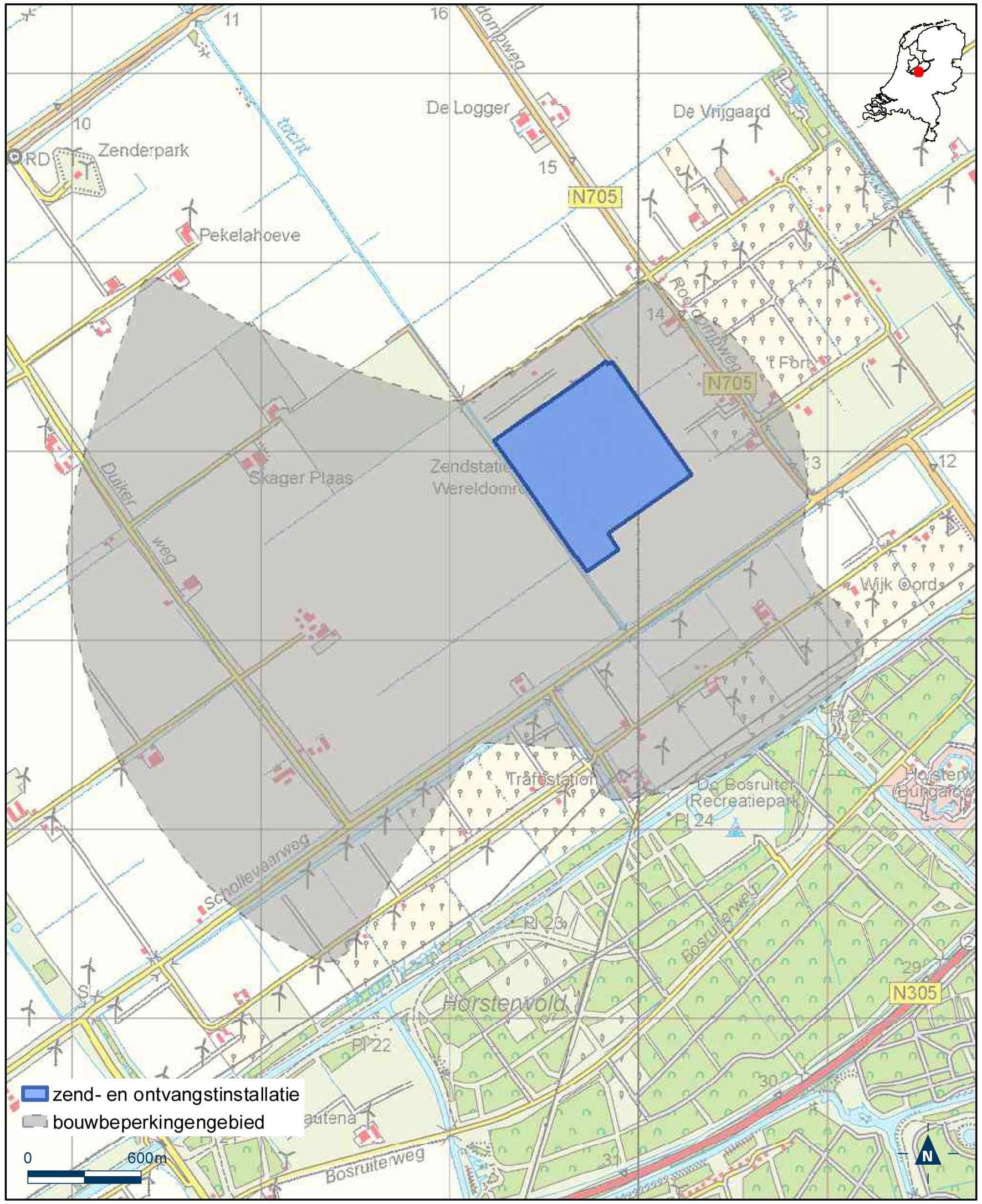 Kaart zend- en ontvangstinstallatie buiten militair luchtvaartterrein Antennepark Zeewolde