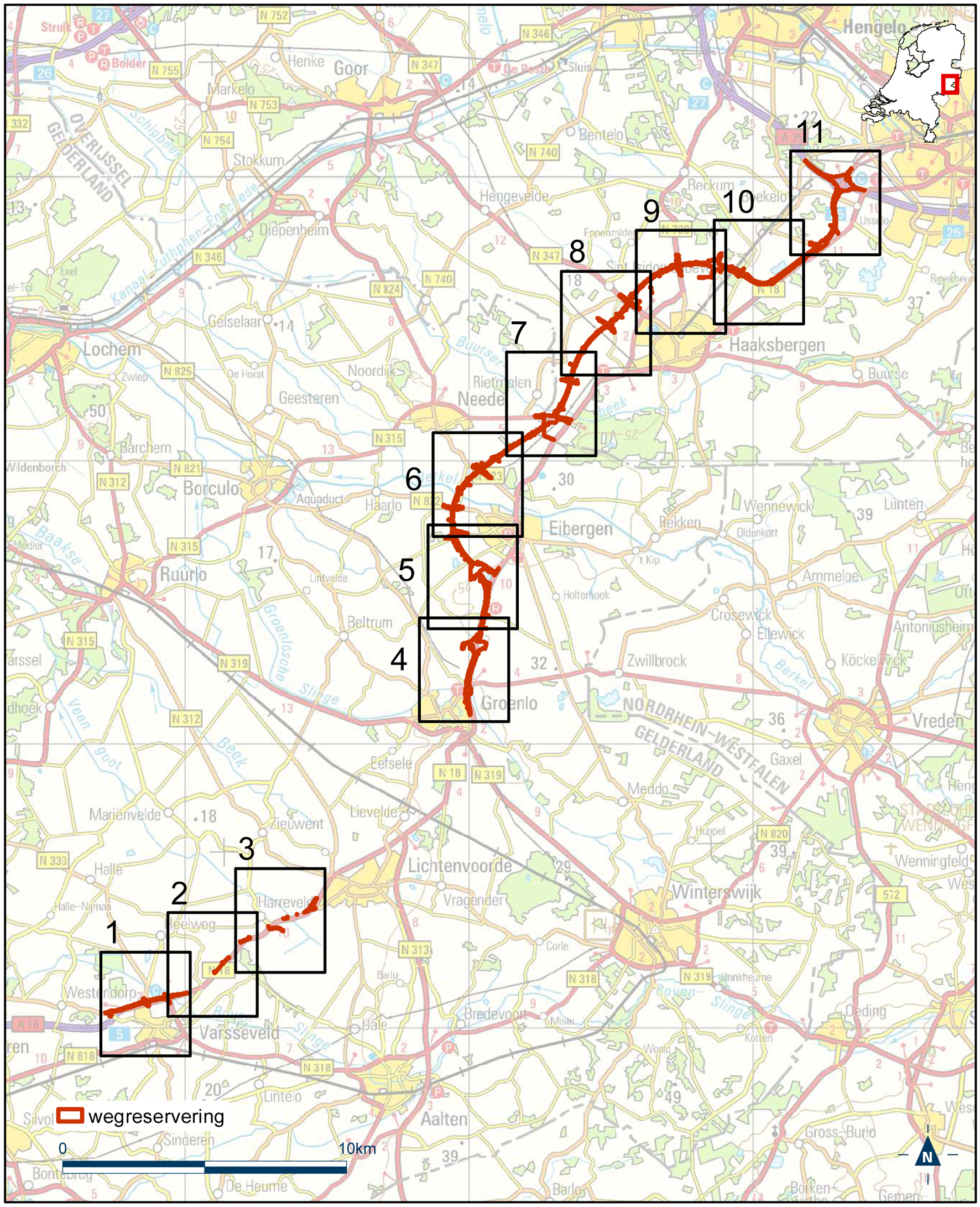 Overzichtskaart reserveringsgebied nieuwe hoofdweg N18 Varsseveld-Enschede
