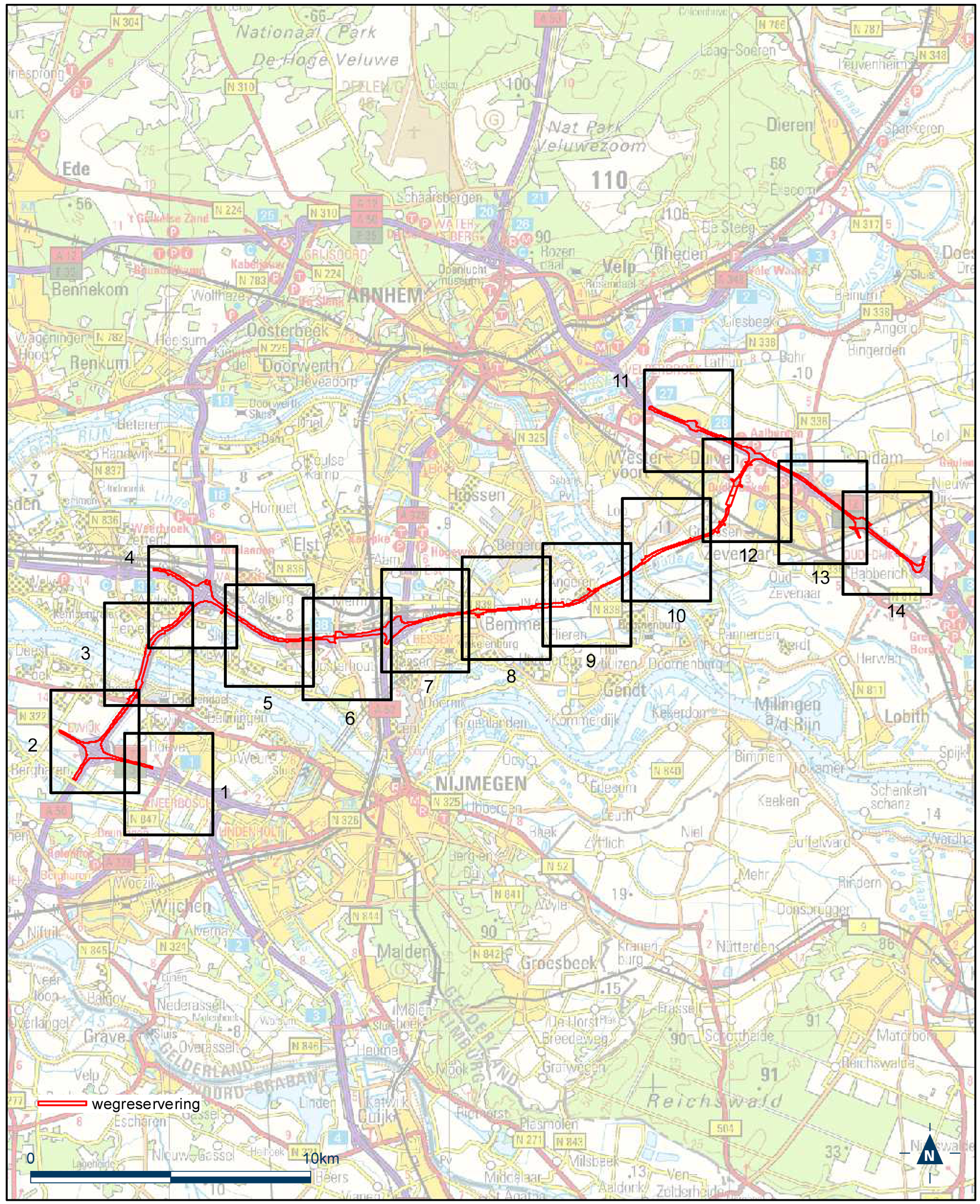 Overzichtskaart reserveringsgebied nieuwe hoofdweg A12/A15 bereikbaarheid regio Arnhem-Nijmegen