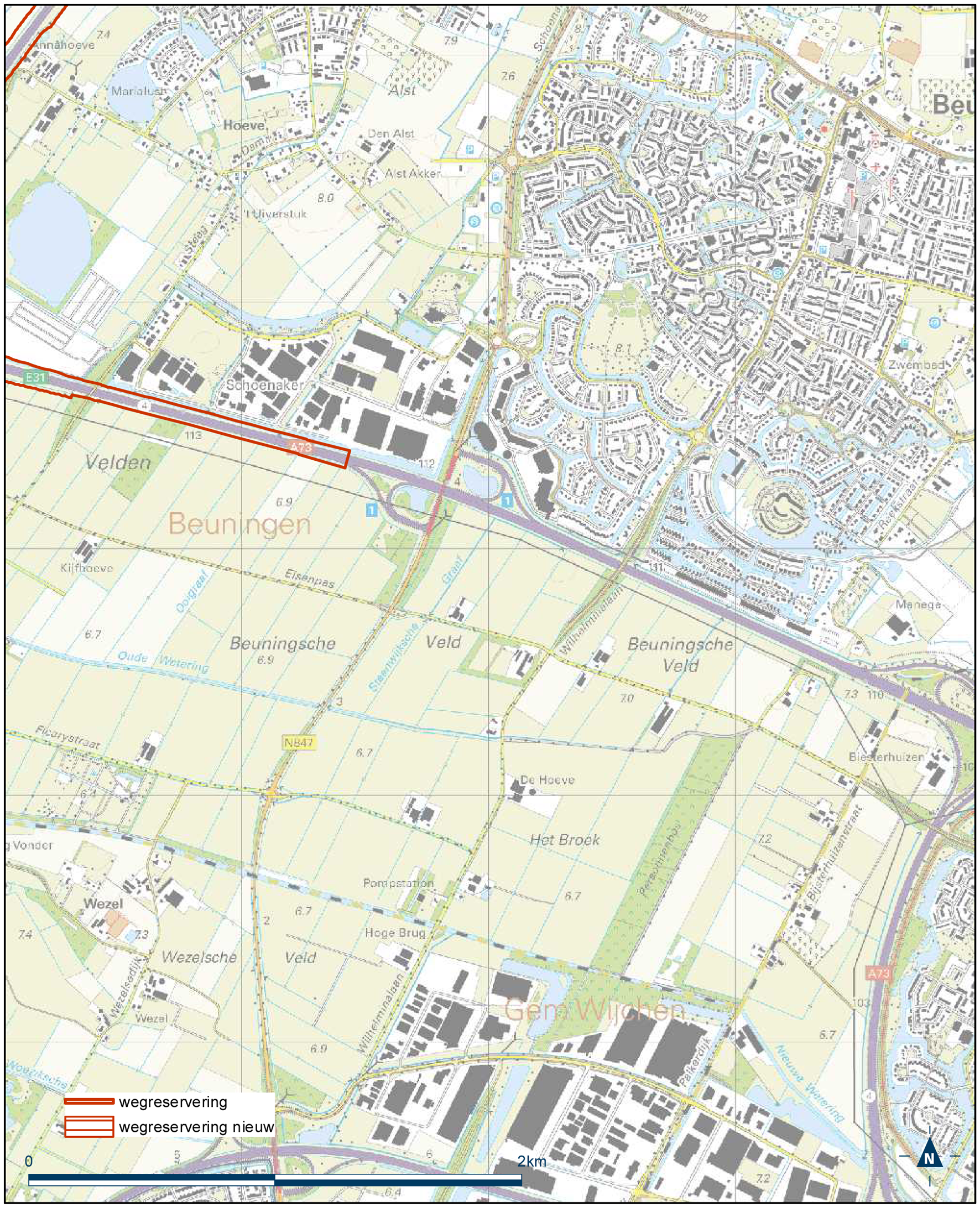 Detailkaart 1 reserveringsgebied nieuwe hoofdweg A12/A15 bereikbaarheid regio Arnhem-Nijmegen