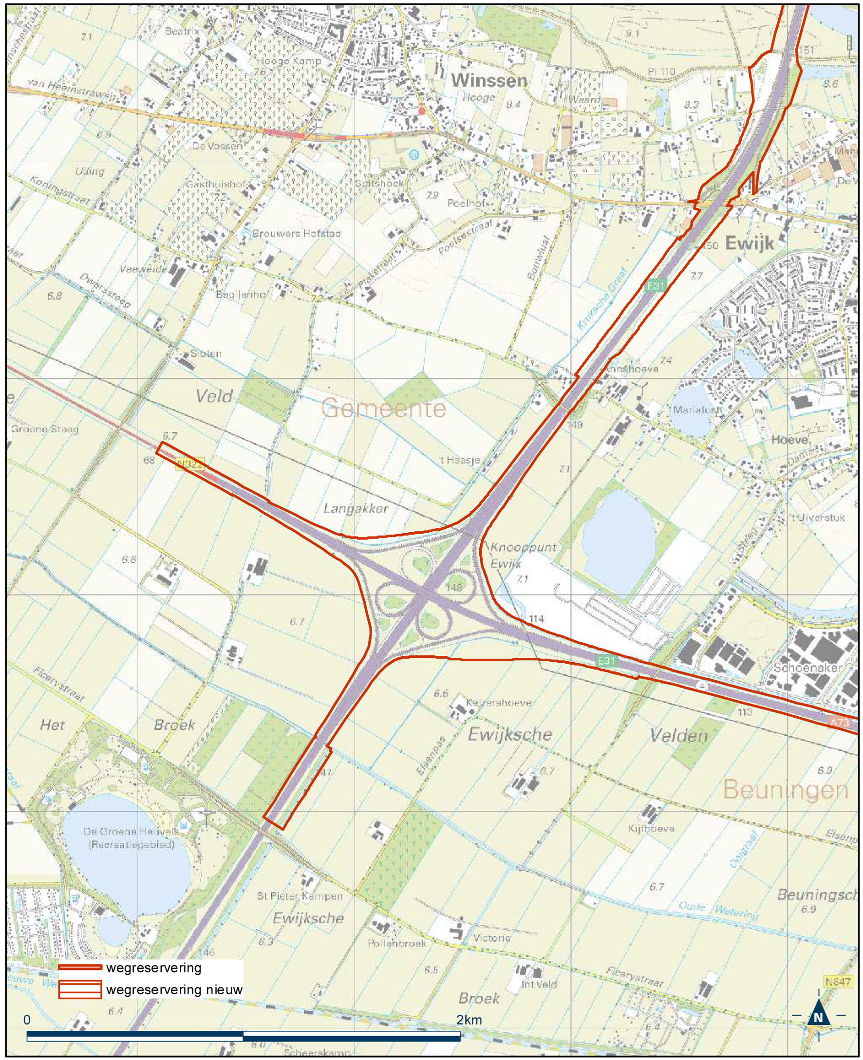 Detailkaart 2 reserveringsgebied nieuwe hoofdweg A12/A15 bereikbaarheid regio Arnhem-Nijmegen