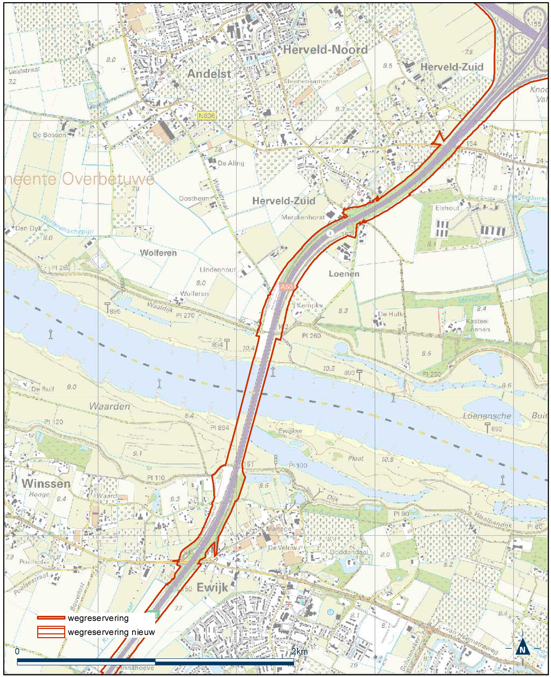 Detailkaart 3 reserveringsgebied nieuwe hoofdweg A12/A15 bereikbaarheid regio Arnhem-Nijmegen