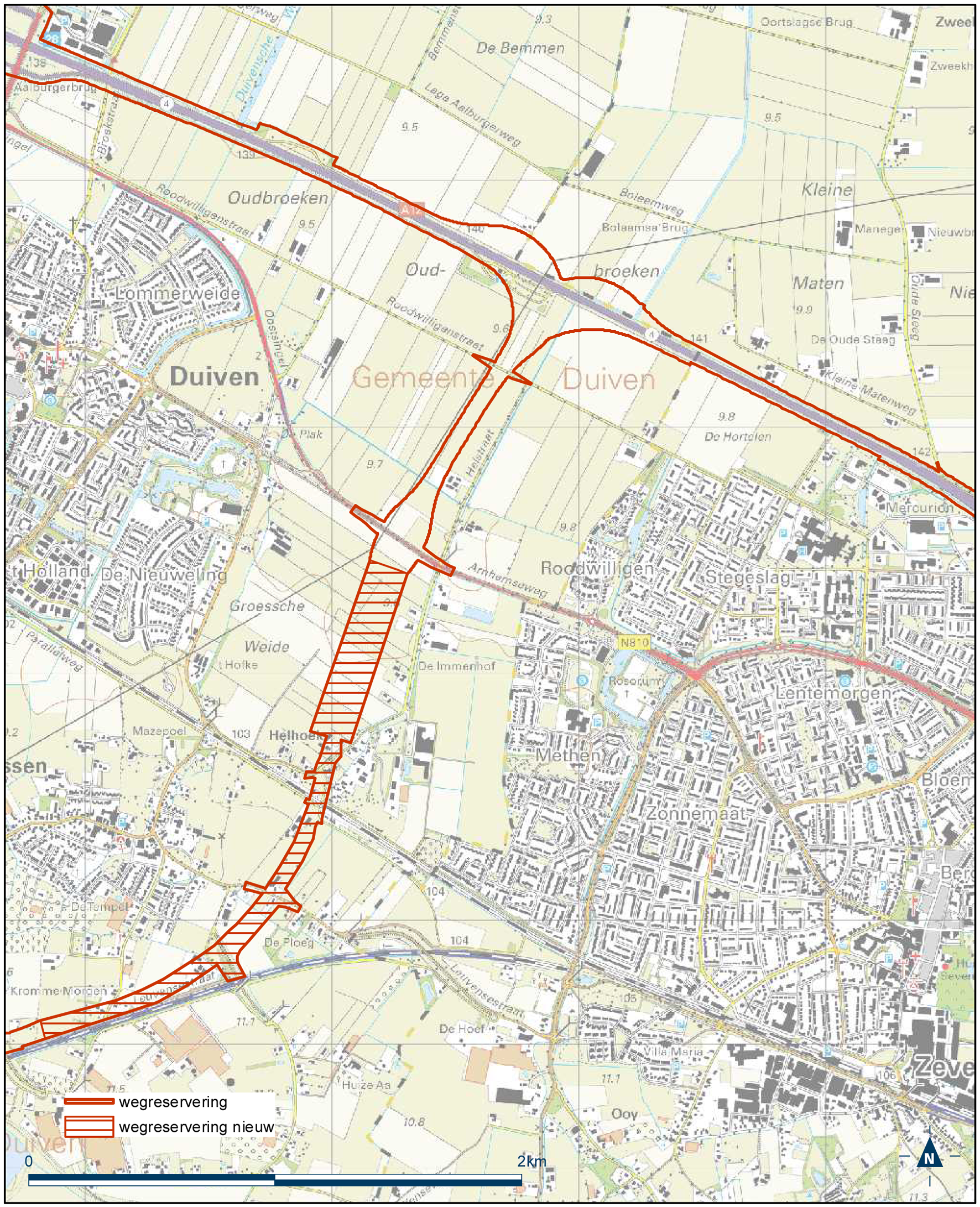 Detailkaart 12 reserveringsgebied nieuwe hoofdweg A12/A15 bereikbaarheid regio Arnhem-Nijmegen