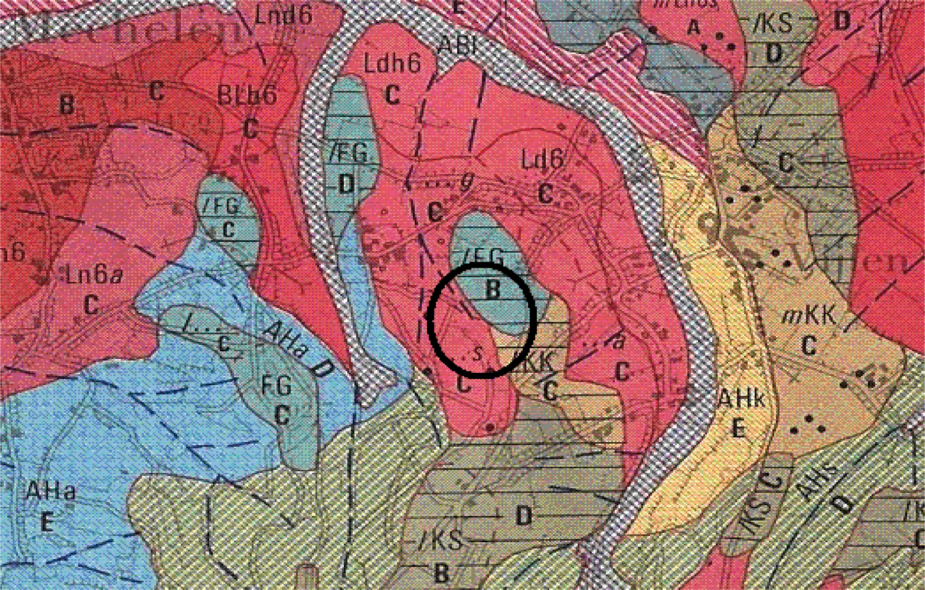 Figuur 2: Bodemkaart rondom Vijlen, waarbij Ld6 = siltige leem in situ (Limburgse loss), FG = Grof grind, KK = kleefaarde en ...S = vuursteeneluvium beginnend tussen 40 en 120 cm betekend