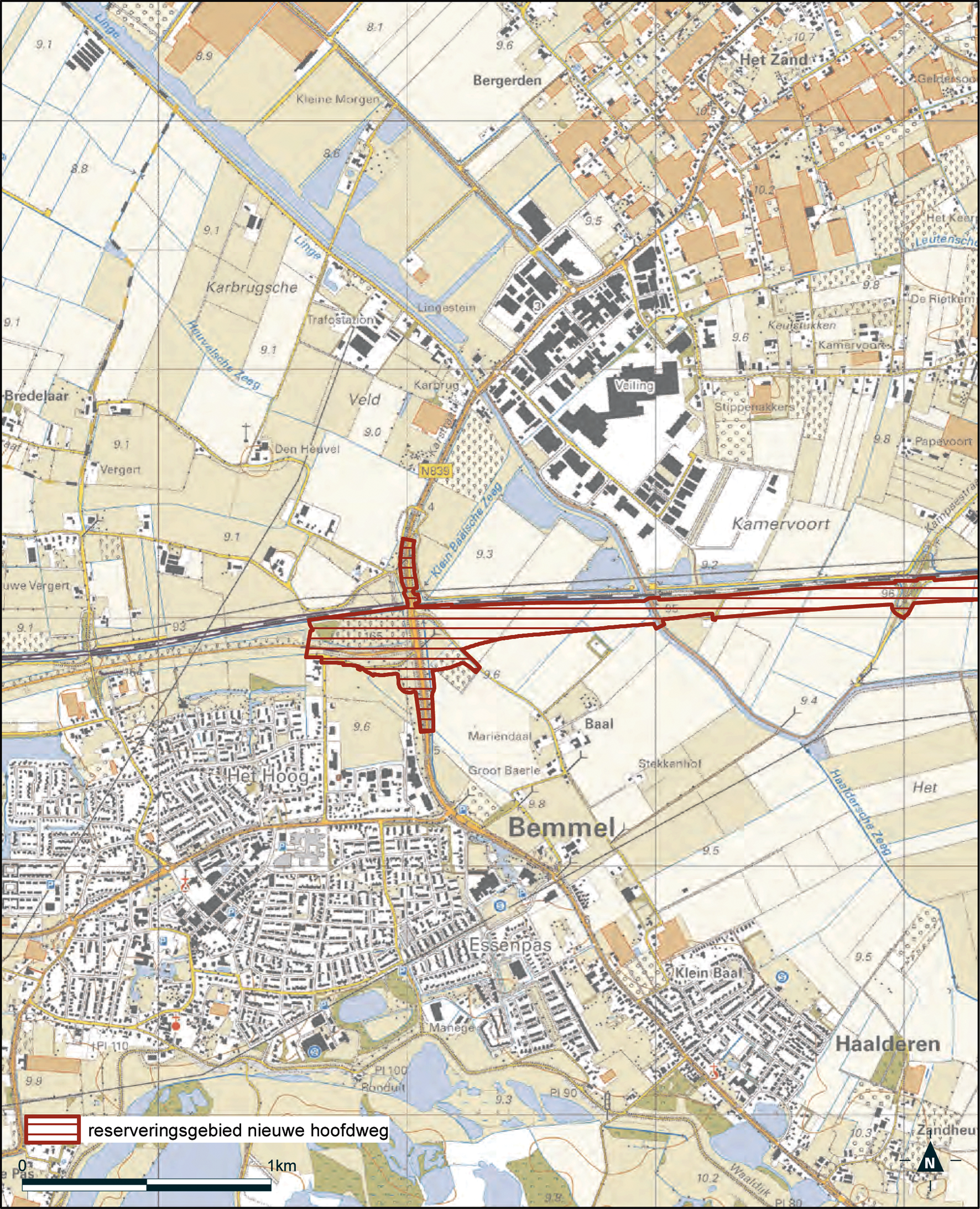 Detailkaart 1 reserveringsgebied nieuwe hoofdweg Ressen – Oudbroeken A12/A15 (ViA15)