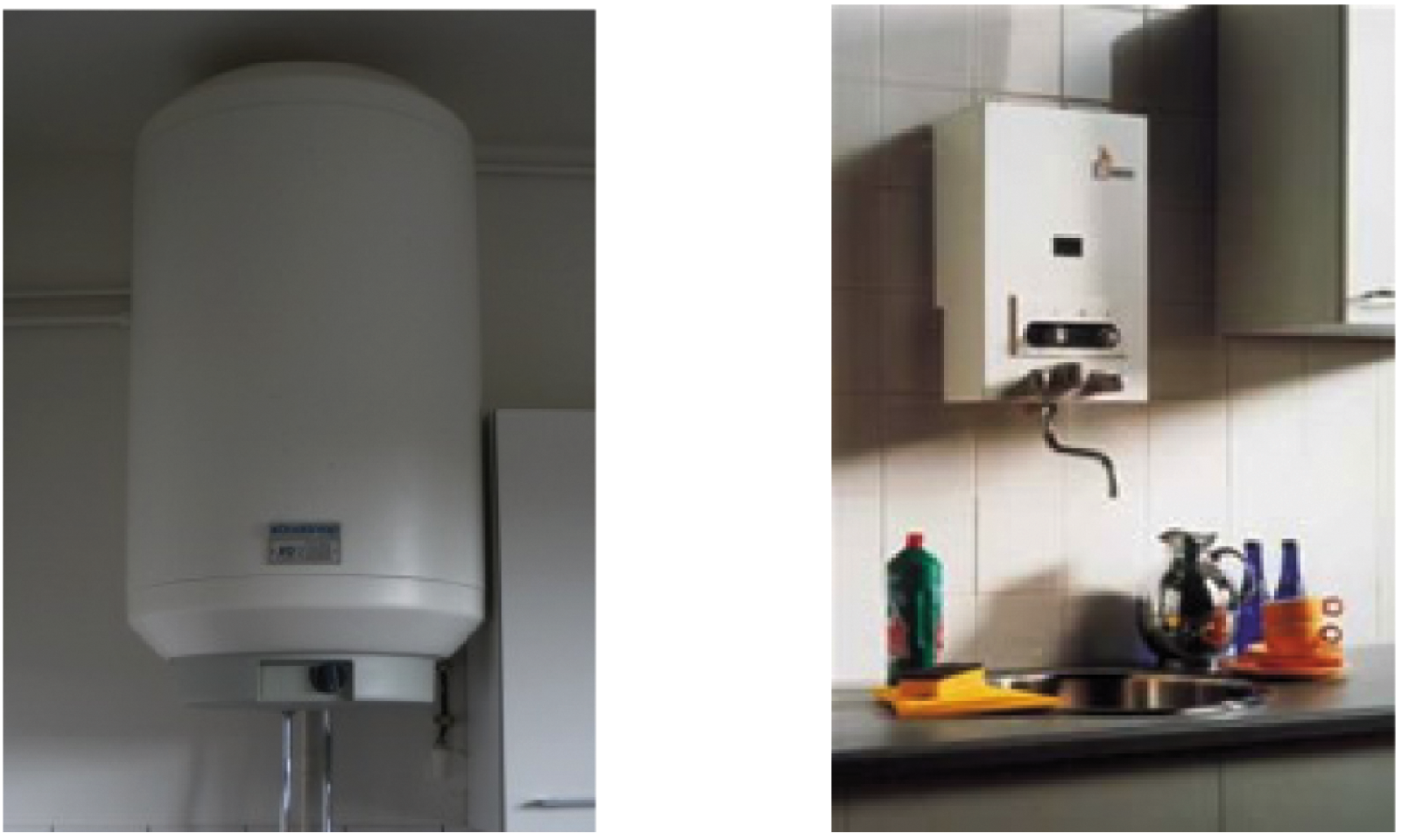 Afb. 11 Elektrische boiler (links) en geiser (rechts)