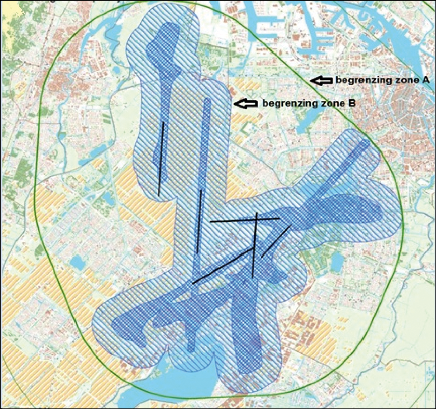 Zone A: Huidige 6 km vogelbeperkingengebied in het LIBafbreekZone B: Een gebied binnen zone A dat zich uitstrekt van de grens van het luchthavengebied tot 1 km rondom het banenstelsel en de vliegpaden tot een hoogte van 700 ft