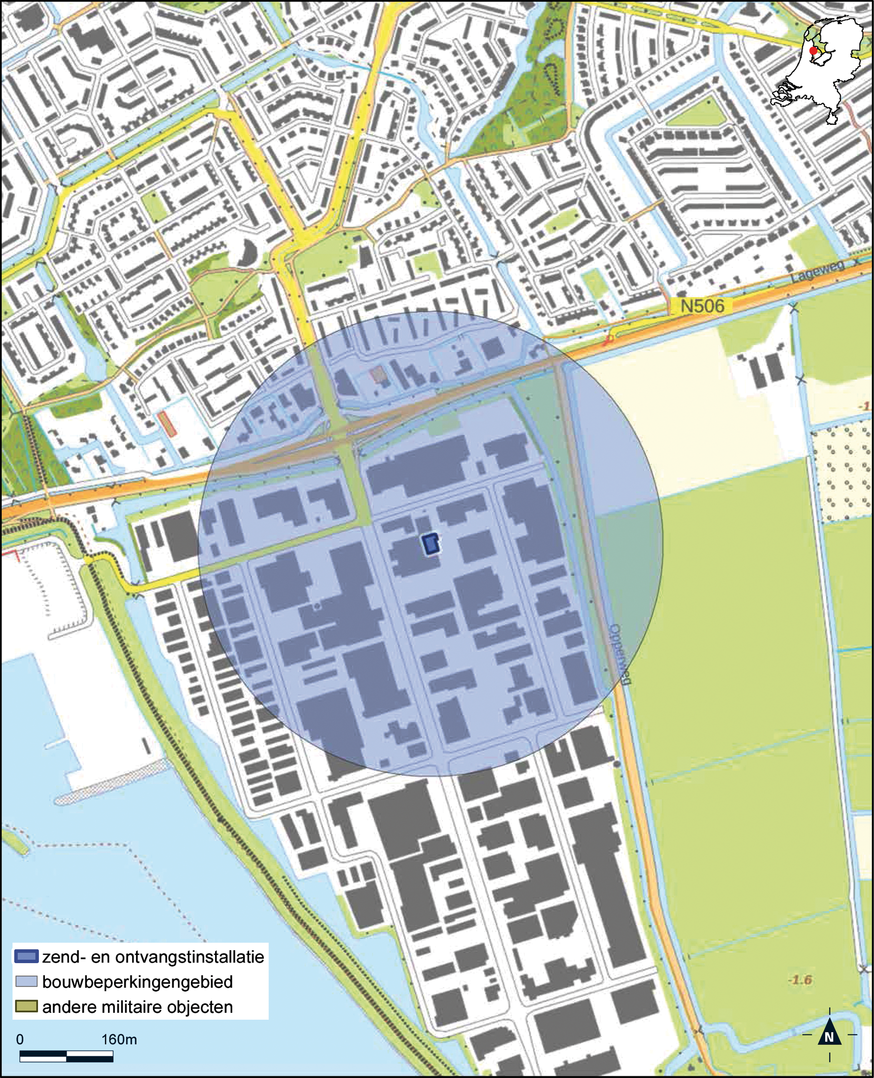 Kaart zend- en ontvangstinstallatie buiten militair luchtvaartterrein antennepark Hoorn