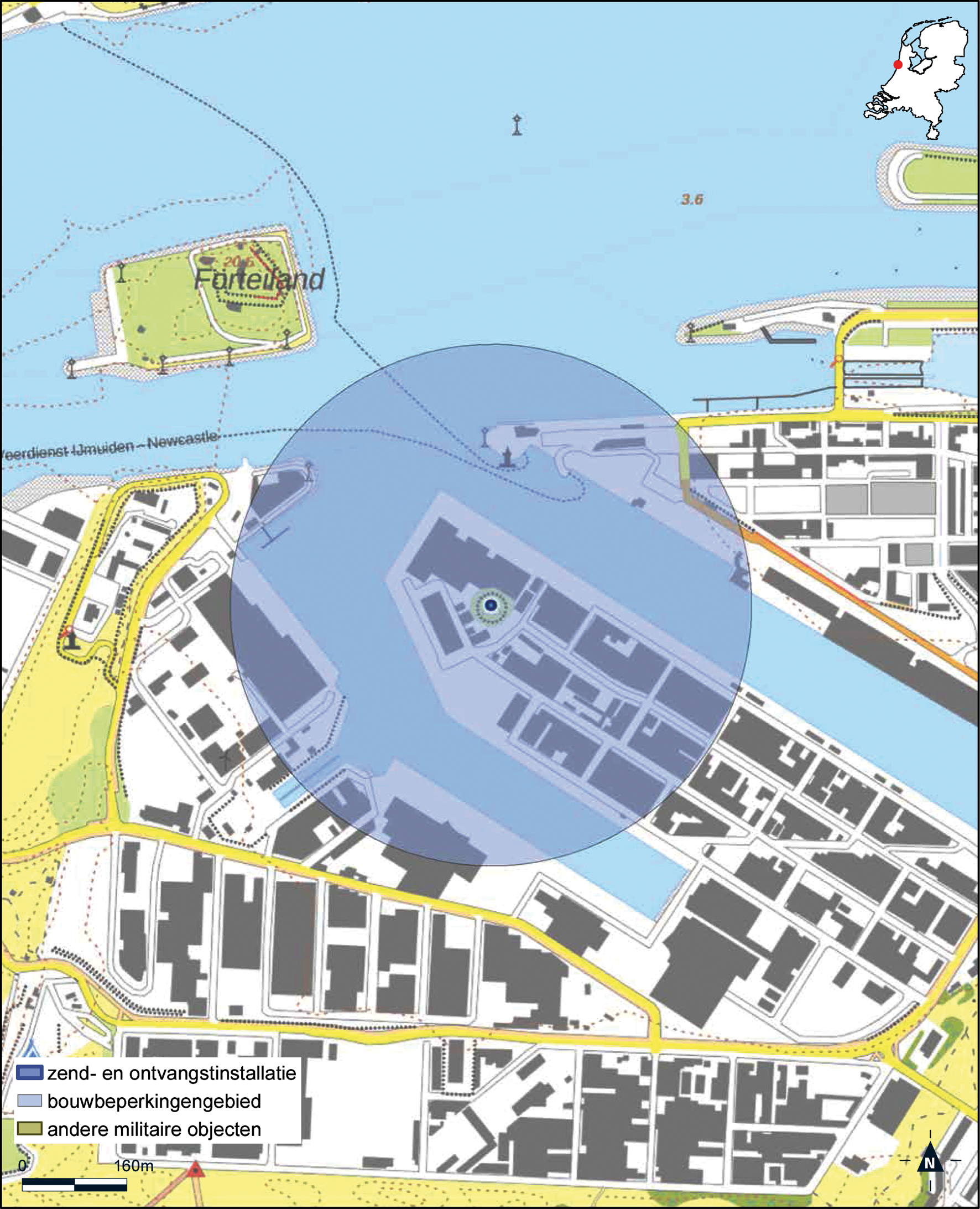 Kaart zend- en ontvangstinstallatie buiten militair luchtvaartterrein Antennelocatie IJmuiden