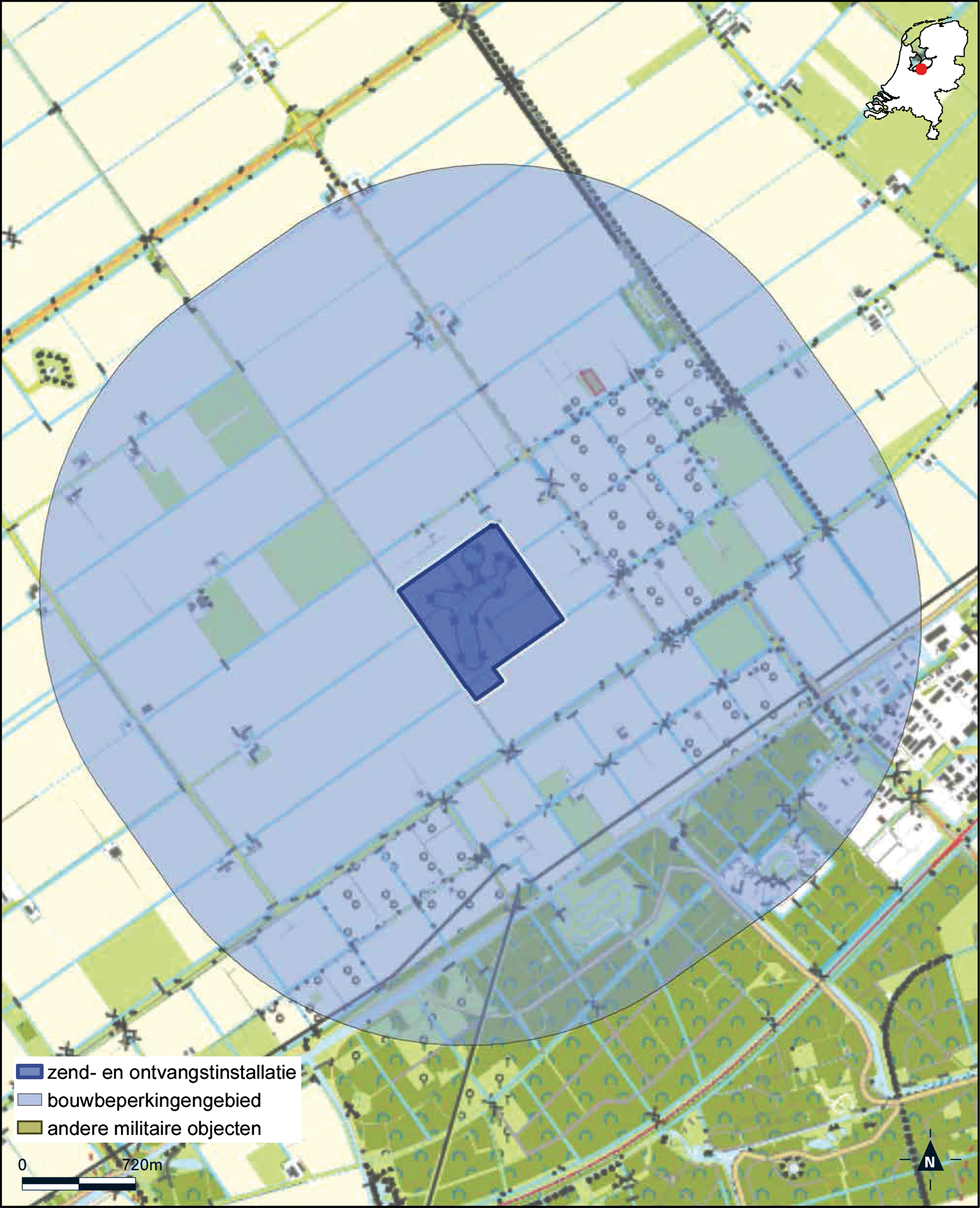 Kaart zend- en ontvangstinstallatie buiten militair luchtvaartterrein antennepark Zeewolde