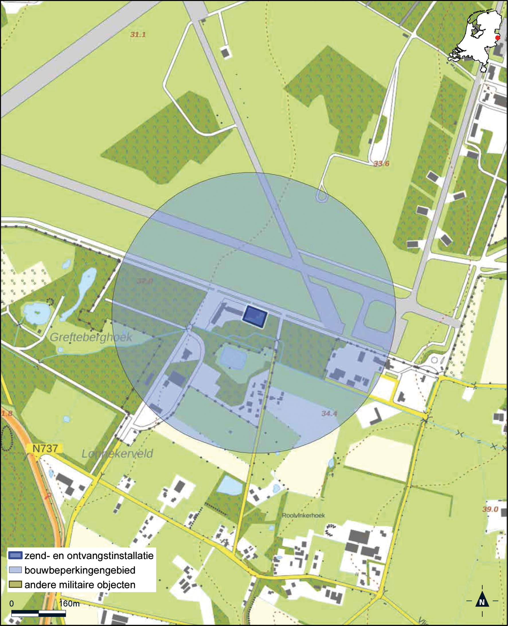 Kaart zend- en ontvangstinstallatie buiten militair luchtvaartterrein complex Twente